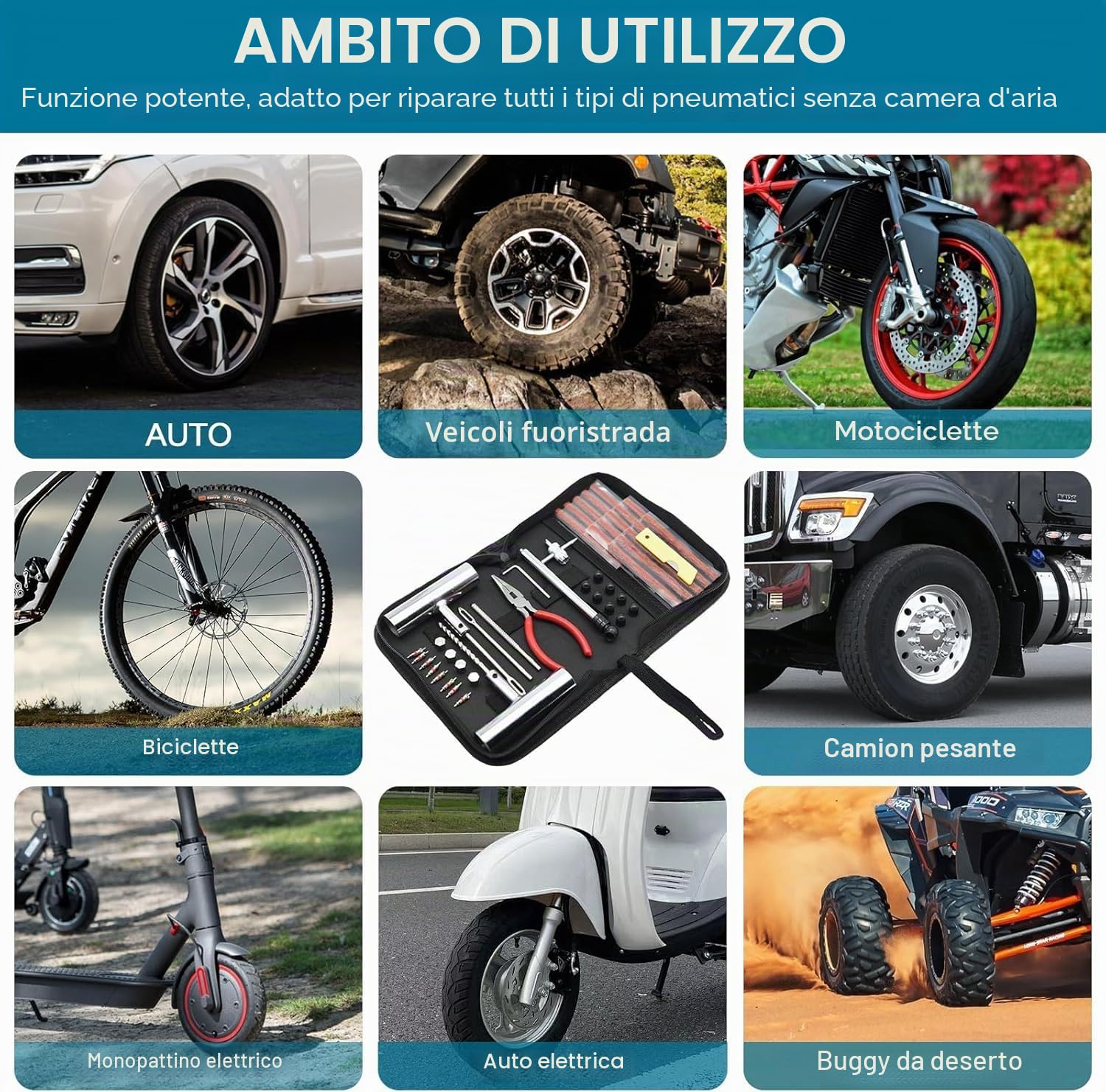 Kit Riparazione Pneumatici 82pcs Professionale Tubeless Auto Moto Jeep ATV Trattore
