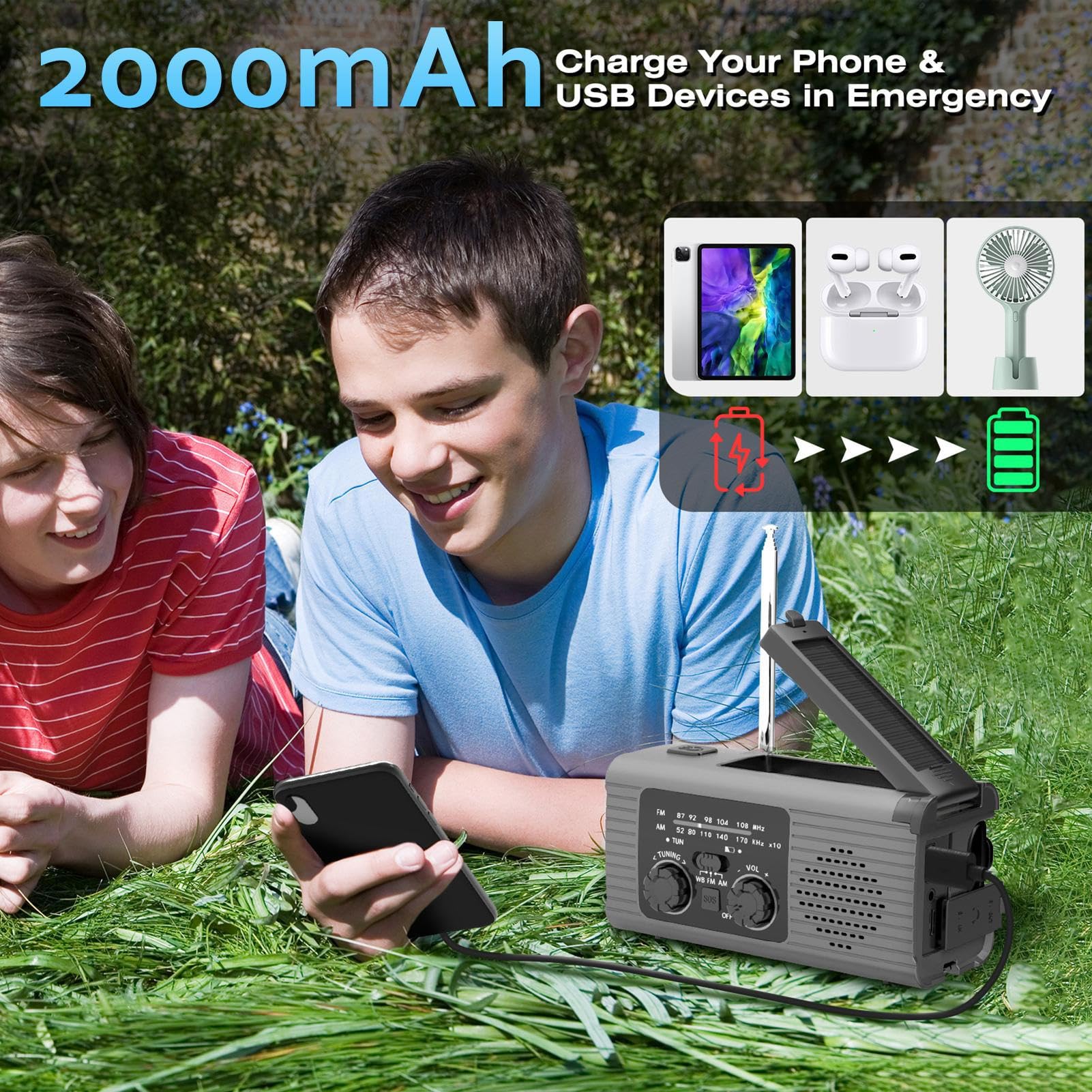 Radio dynamo1 Solaire Portable, Radio A Pile avec Manivelle, Lampe dynamo1 Survie, Kit De Survie Complet, avec Lampe De Poche LED, Rechargeable par USB, Radios AM/FM/NOAA