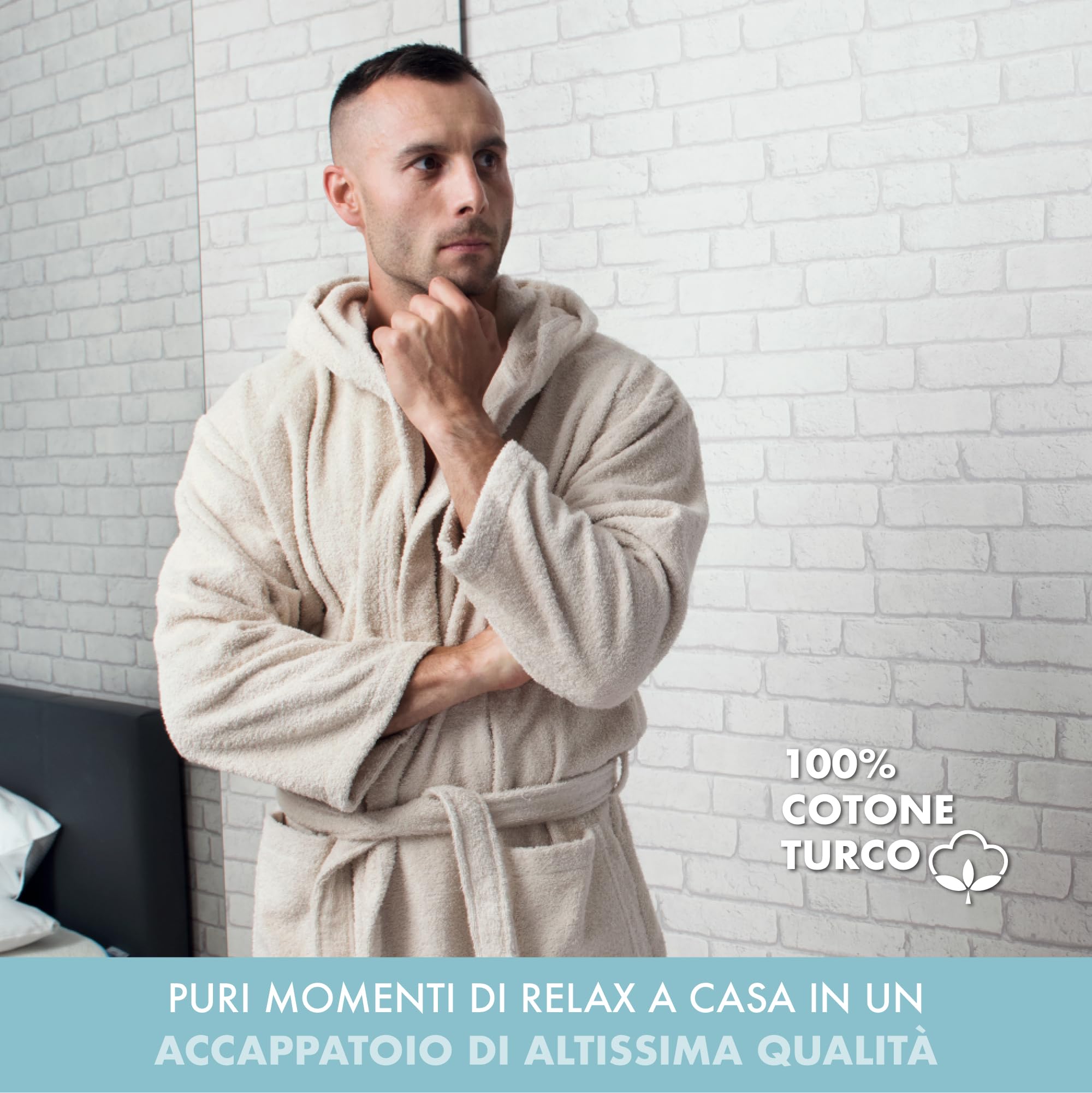 Twinzen Accappatoio per Uomo con Cappuccio in Spugna, 2 Tasche, Cintura Cotone Senza Prodotto Chimico, Oeko Tex - Vestaglia per Uscire dalla Doccia, Assorbente e Confortevole