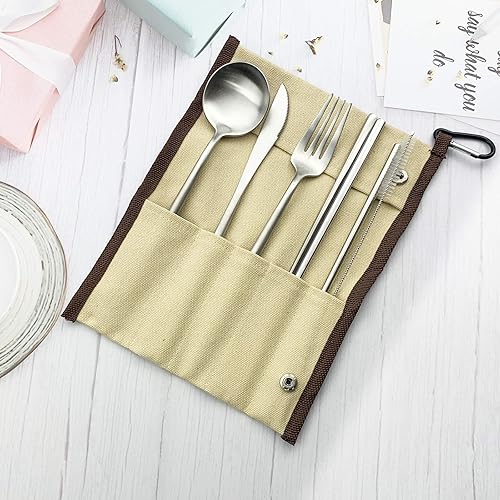 Miniatura 2 de JASHII El juego de cubiertos de viaje incluye cuchillo reutilizable, tenedor, cuchara, palillos, pajilla, utensilios ecológicos, utensilios de