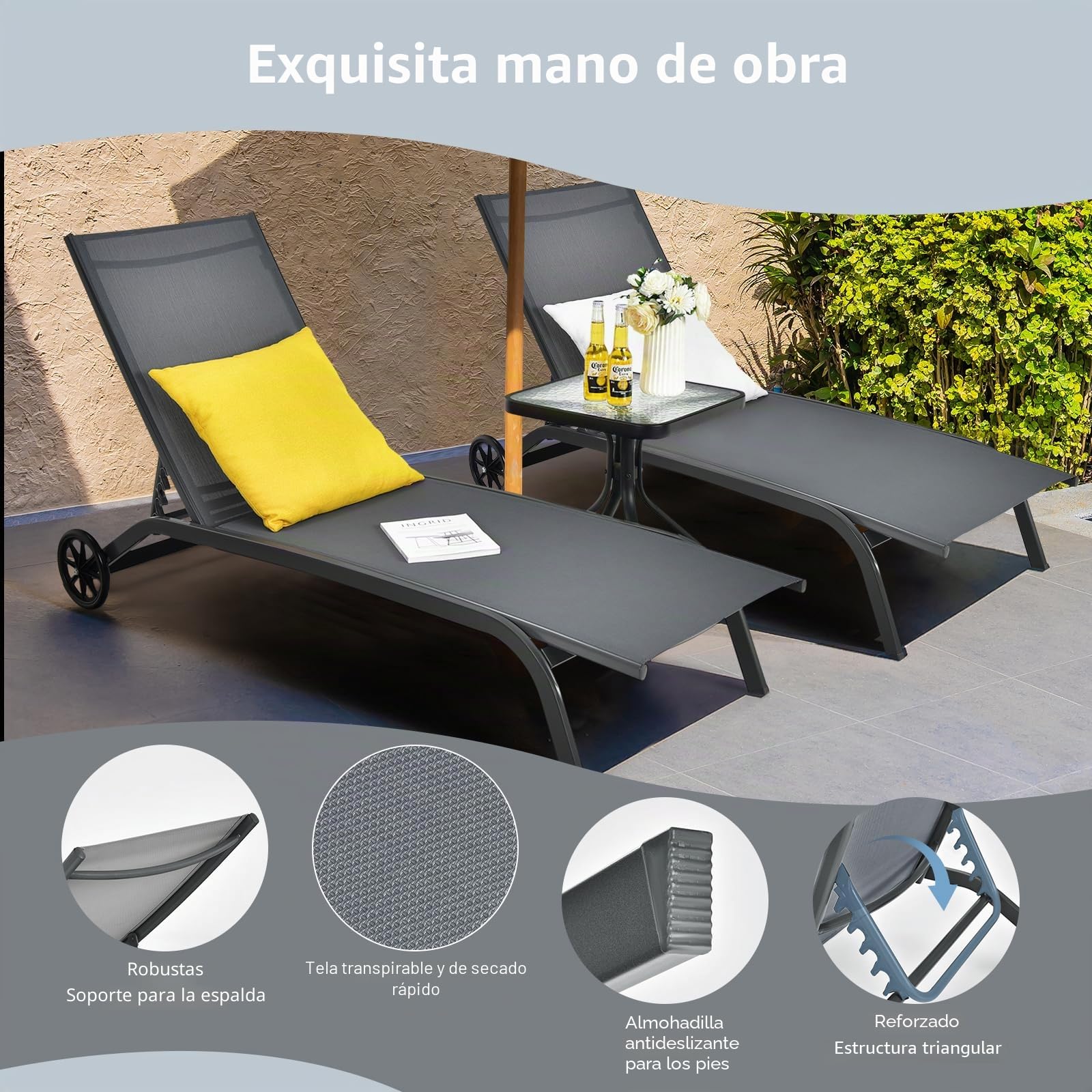 KOMFOTTEU Tumbona de Jardín con Ruedas, Silla Reclinable con Respaldo Ajustable en 6 Posiciones, Tumbona de Relajación de Tela de Texileno con Carga 150 kg, para Patio, Balcón, Terraza (Gris)