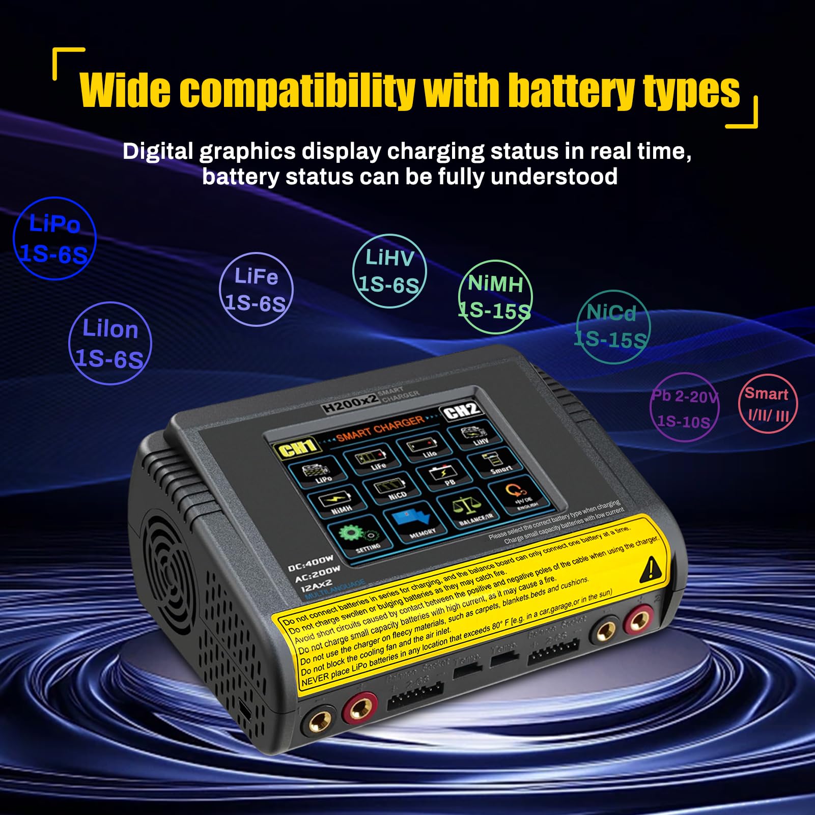 Lipo ladegerät T400 lipo Charger AC200W/DC400W 12A, lipo ladegerät Balancer Doppel-Entlade 3,2 Zoll Farb-Touchscreen Balancer entlader für LiPo/Lilon/Life/NiMH/NiCd/PB/NiMH