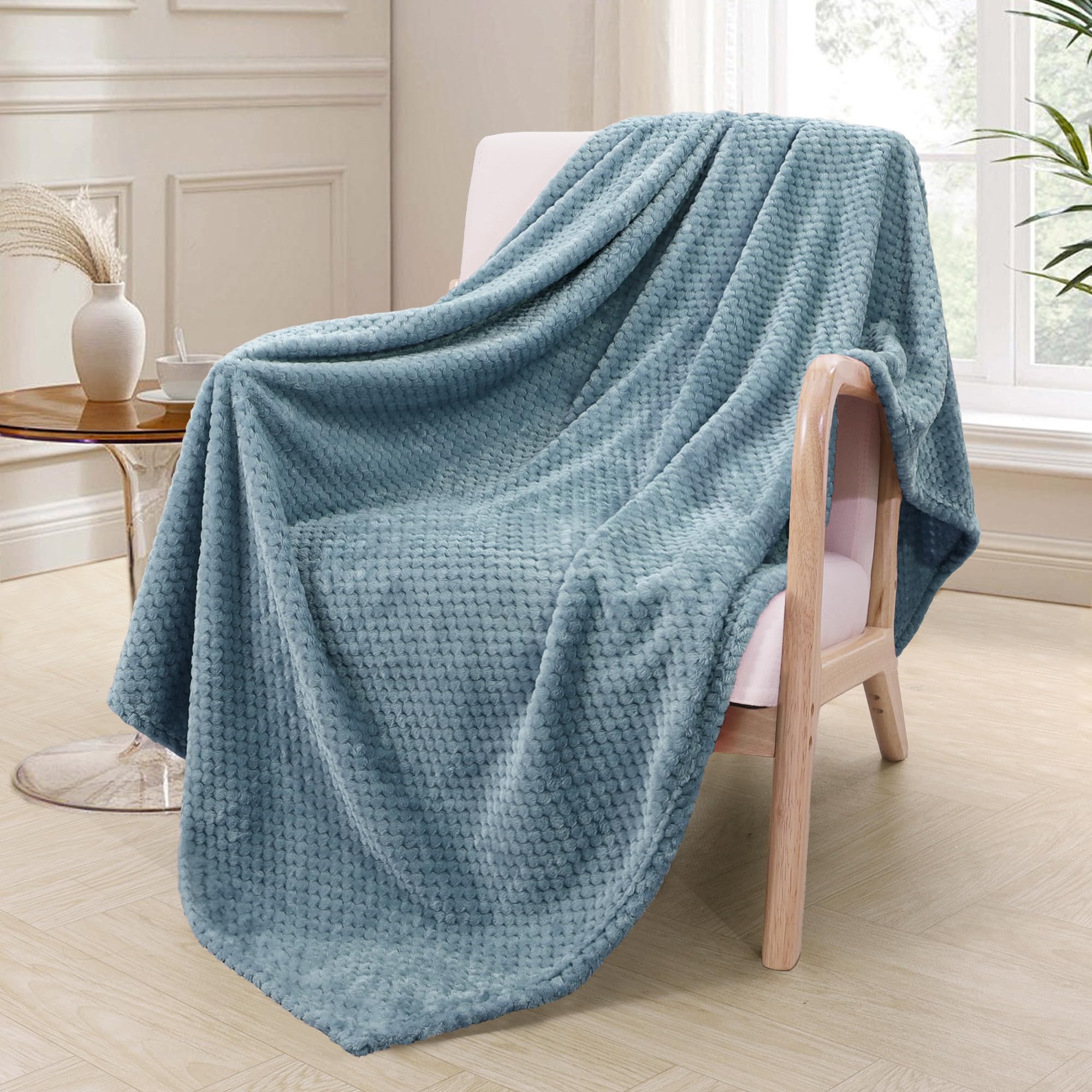 Exclusivo Mezcla Wool Blanket for Sofa, Soft Bed Blanket with Waffle Jacquard Print, Suitable for Any Season, 130x170cm, Stone Blue OEKO-TEX STANDARD 100