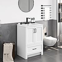 Yaheetech 24.5" Modern White Bathroom Vanity with Ceramic Sink, Freestanding Cabinet, 2 Soft-Close Doors & Drawer Storage