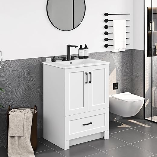 Yaheetech 24.5" Modern Bathroom Vanity with Ceramic Basin, Undermount Vanity Sink Cabinet with 2 Doors and 1 Drawer, Free Standing Bathroom Storage Cabinet with Sink Combo Set, White