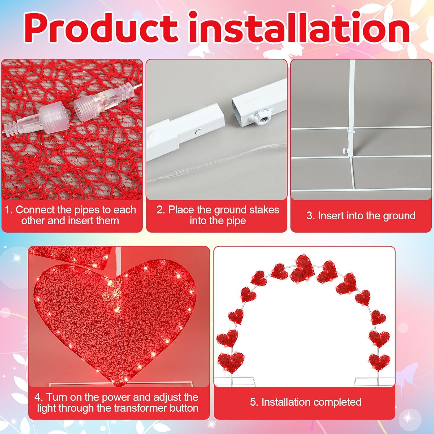 VIHOSE 10ft Wedding Heart Light Arch LED Outdoor Arches Decor with Flasher Modes Love Pathway Markers Lights for Marriage Proposal Wedding Engagement and Birthday Party Yard Lawn Decor