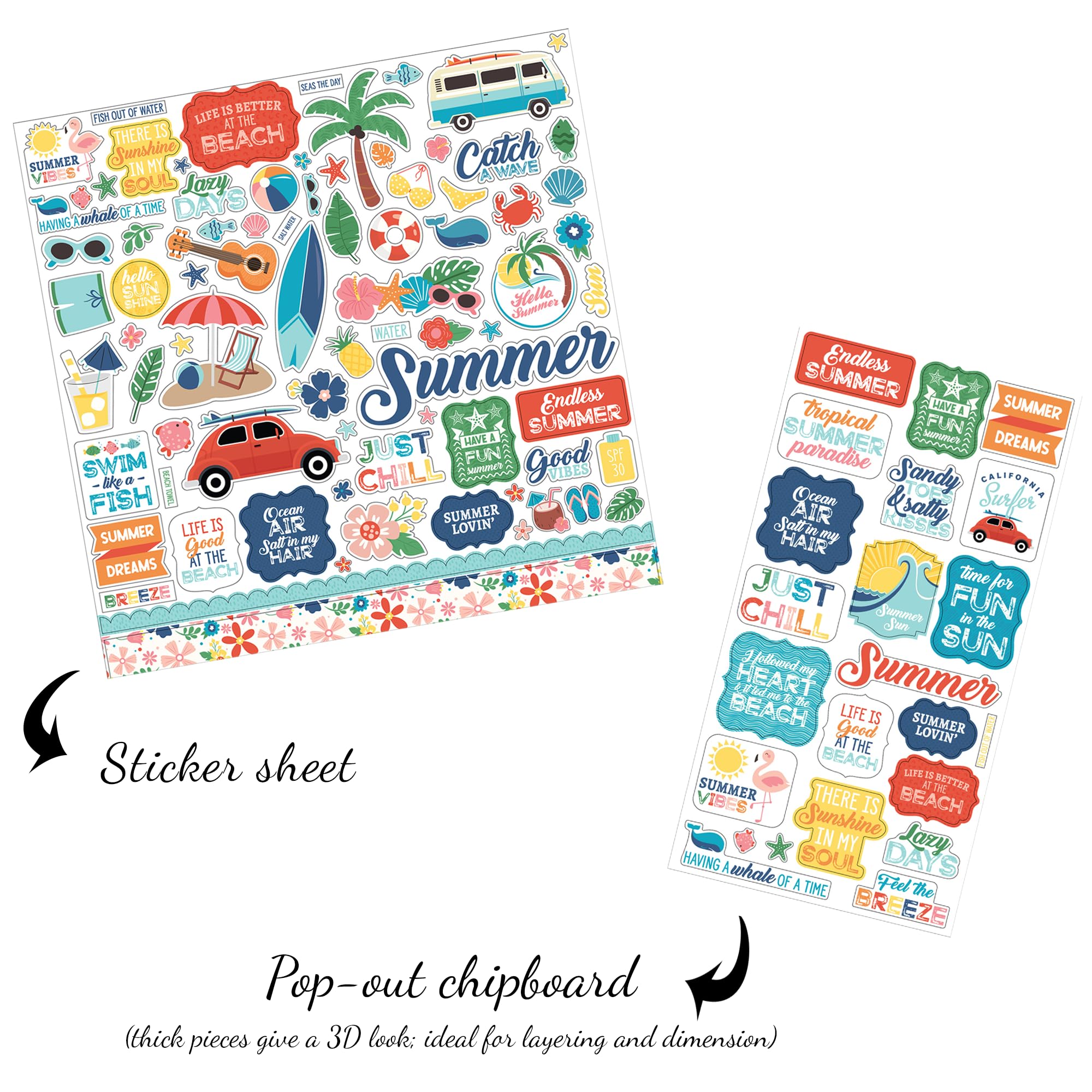 Summer Scrapbook Stickers - Phrases Chipboard, Beach Scrapbooking Stickers with Palm Tree, Seestern Design - Scrapbook Stickers Summer Theme Set for Vacation Planner, Photo Album, Travel Diary -2
