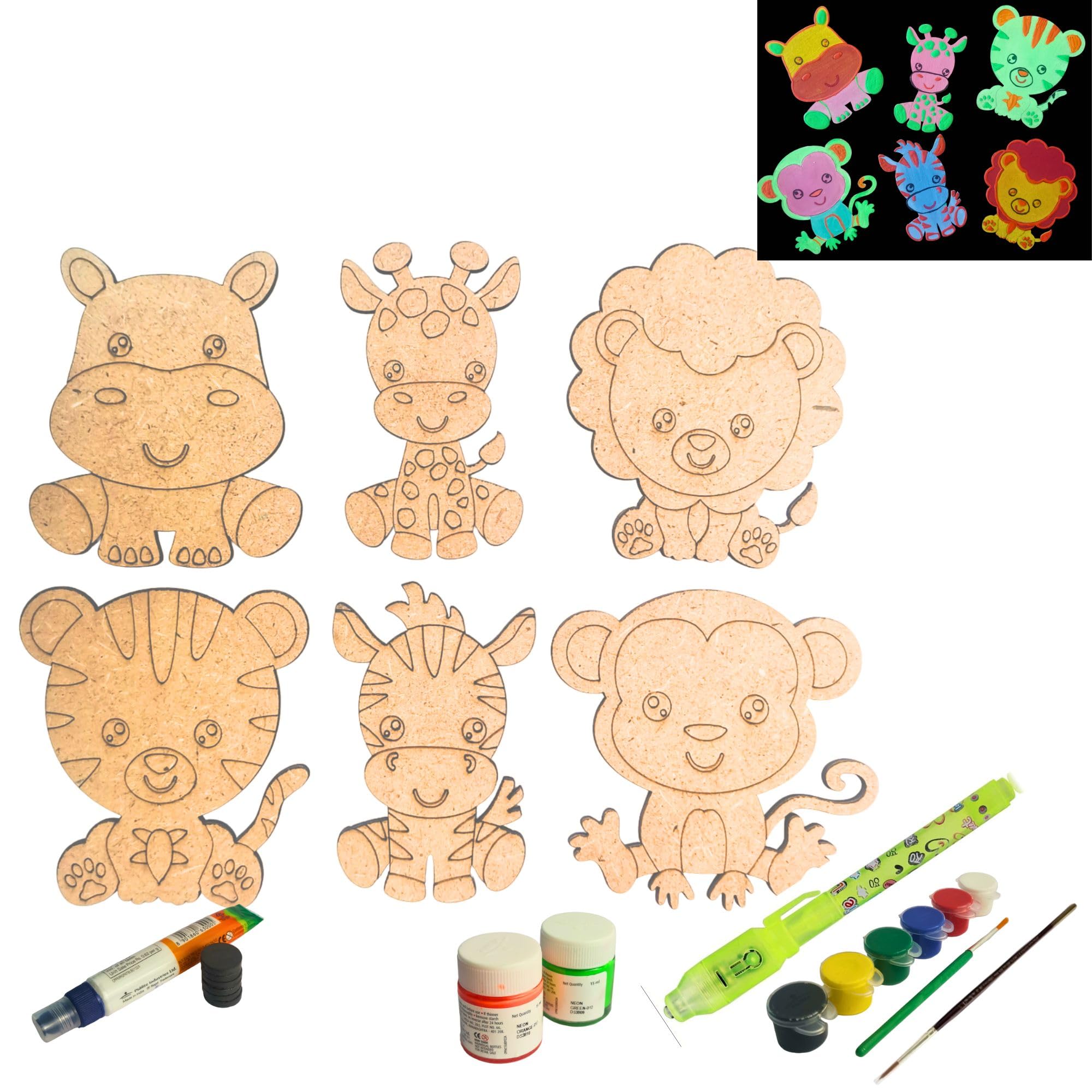 Make-Believe - Fridge Magnet DIY kit w/Glow in Dark Neon Paint, Creativity Kit, Painting kit for Kids, Animal Shapes Fridge Magnet Making kit