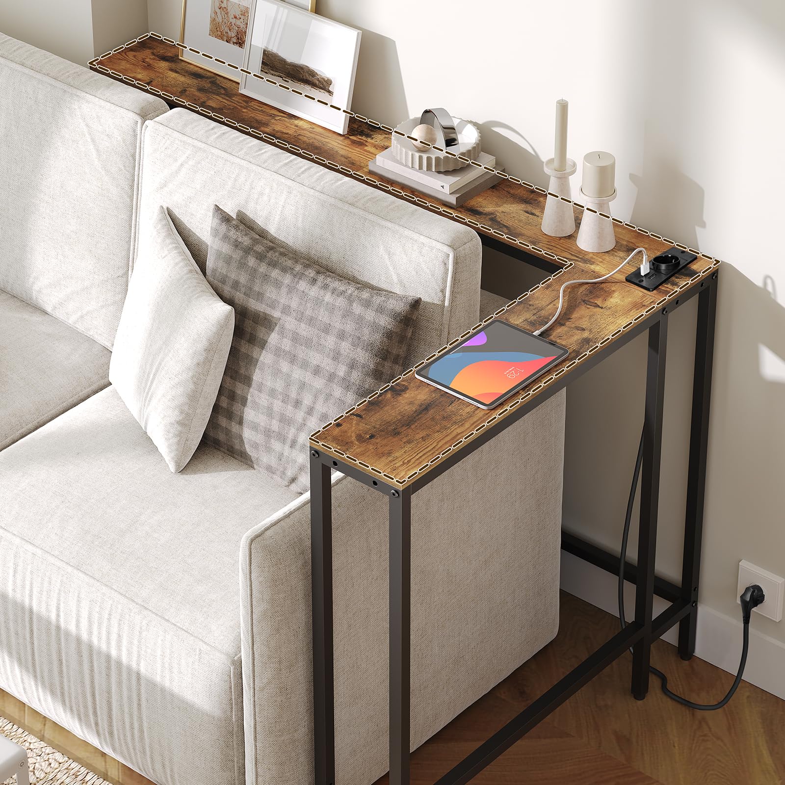 YATINEY smalle consoletafel, 180 cm, lange haltafel, haltafel met 4 lades, voor hal, gang, woonkamer, vintage bruin-zwart XCT41BR