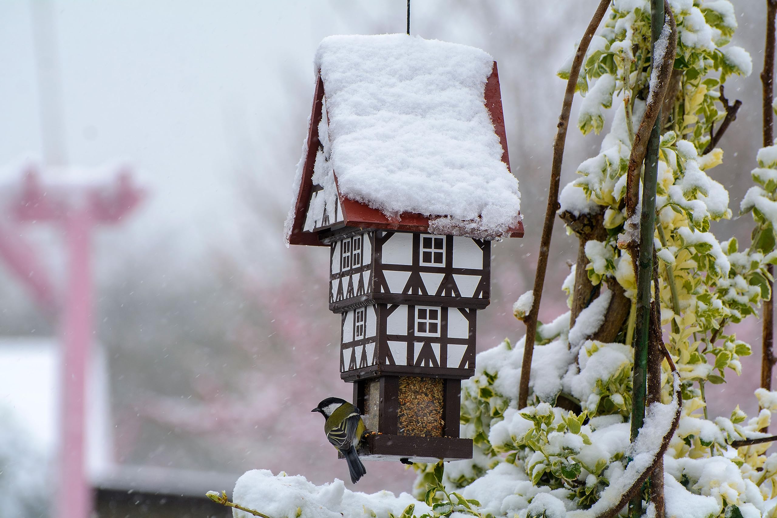 dobar® Design Vogelfutterhaus Zuckerhut zum Aufhängen mit großem Futtersilo, wetterfest - Vogelhaus im Fachwerkstil - 20 x 18 x 41 cm - Weiß/Braun/Rot