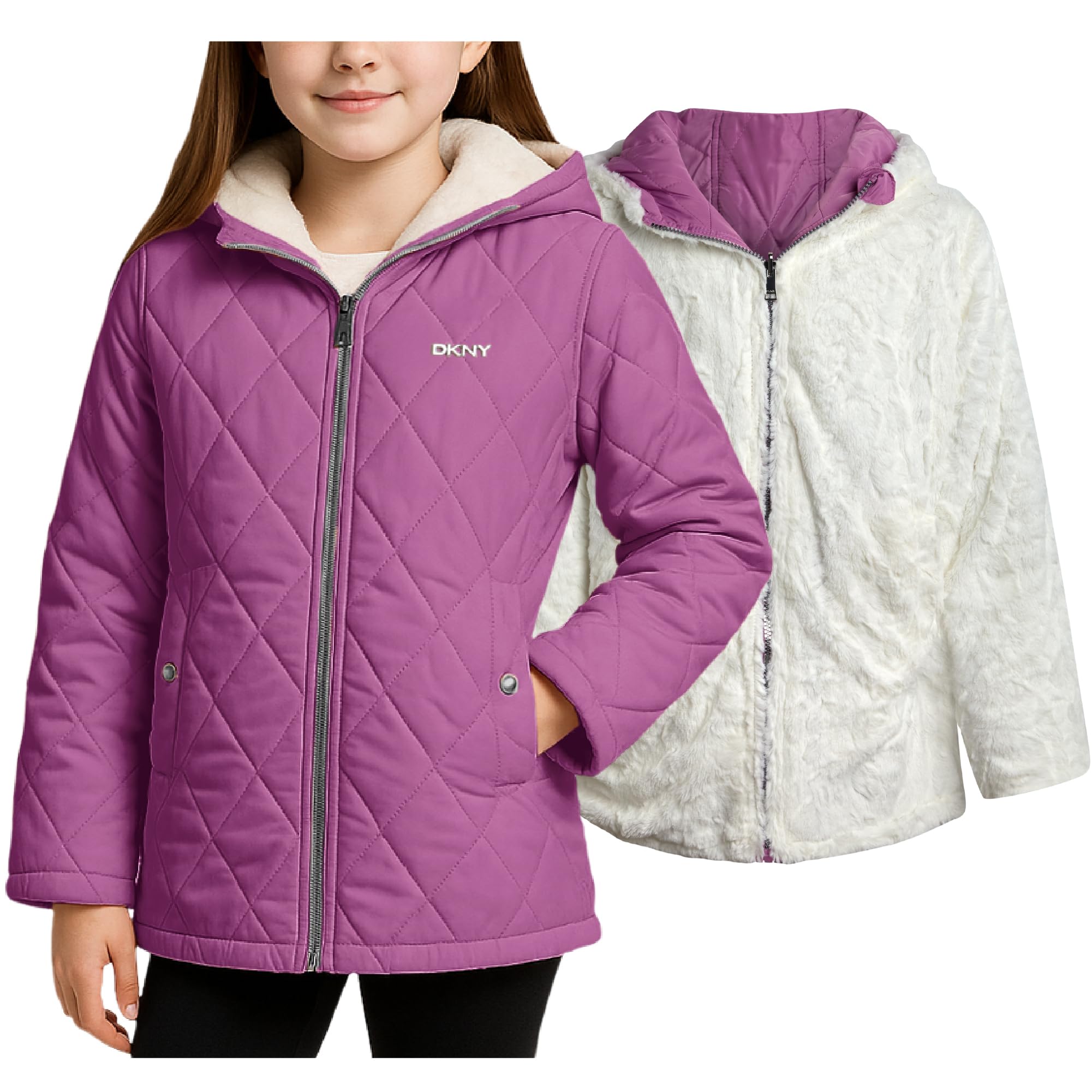 DKNY Reversible Girls Winter Coat - Heavyweight Quilted Jacket with Sherpa Lining Hooded Puffer Jacket Winter Coats for Girls