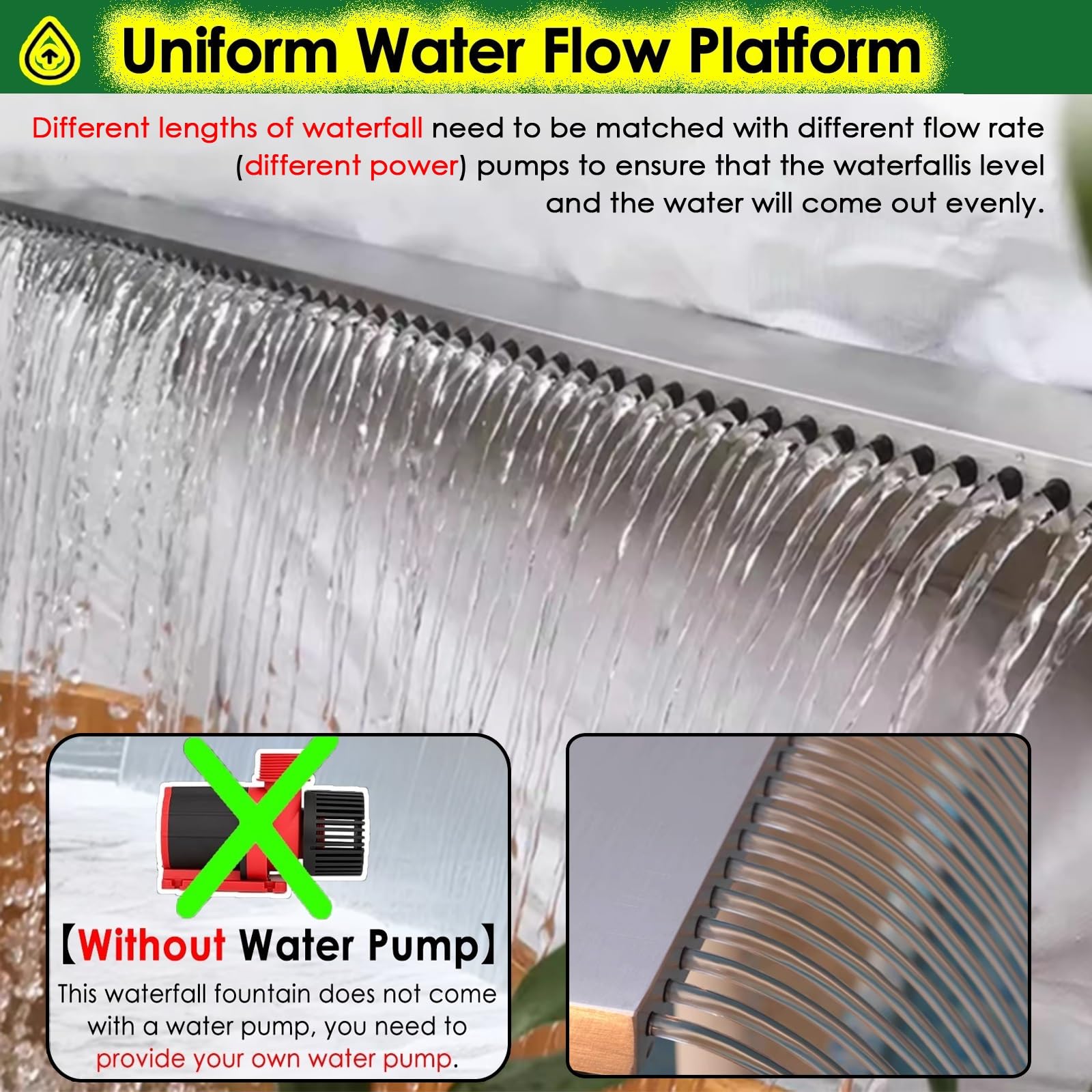 Desbordamiento de cascada de acero inoxidable de 144,8 cm, resistente, empotrado, translúcido, para exteriores, hoteles, jardines y jardines rocosos con kits de accesorios de tubería