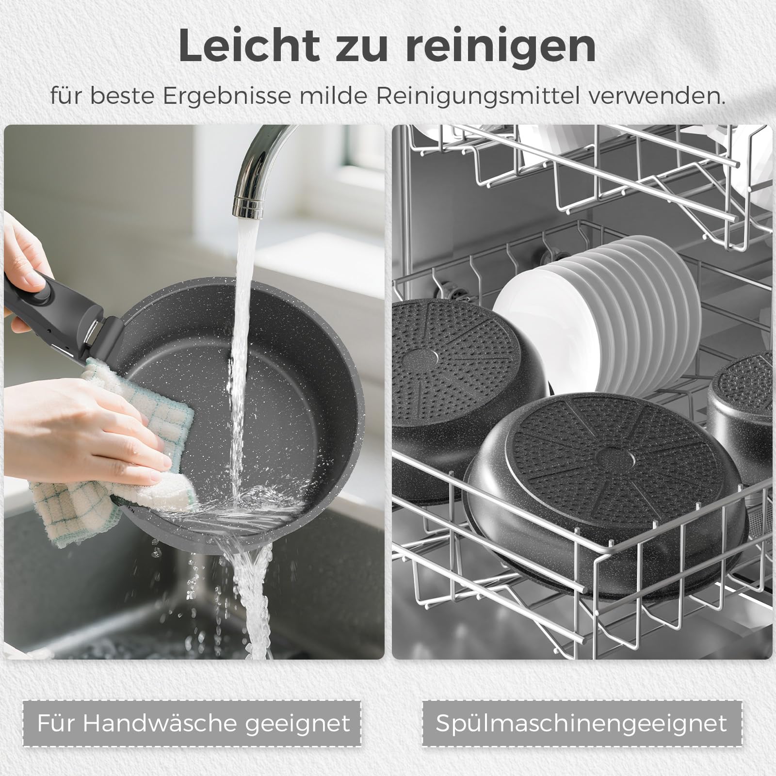 YASHE 9-teiliges Topf und Pfannenset, Antihaft-Kochgeschirr set,stapelbares TöPfe Set, Für Alle Herdarten, Abnehmbarer Griff, Ofenfest, Stapelbar Platzsparend, Schwarz, Grau