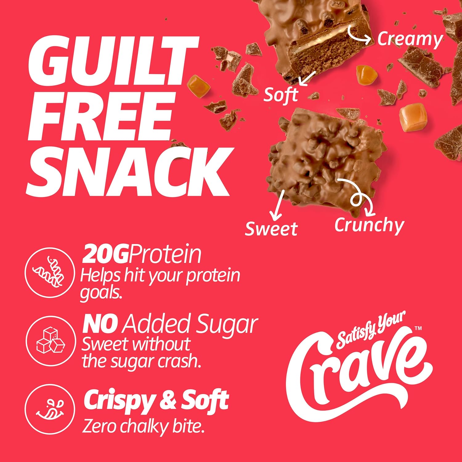 Satisfy Your Crave Protein Bars– High Protein Delicious Snacks– 20g of Protein, No Added Sugar– Chocolate Caramel Crisp– Perfect for Breakfast, On-the-Go Snack, Pantry Staple & Office Treat– Non-GMO, 12 Pack