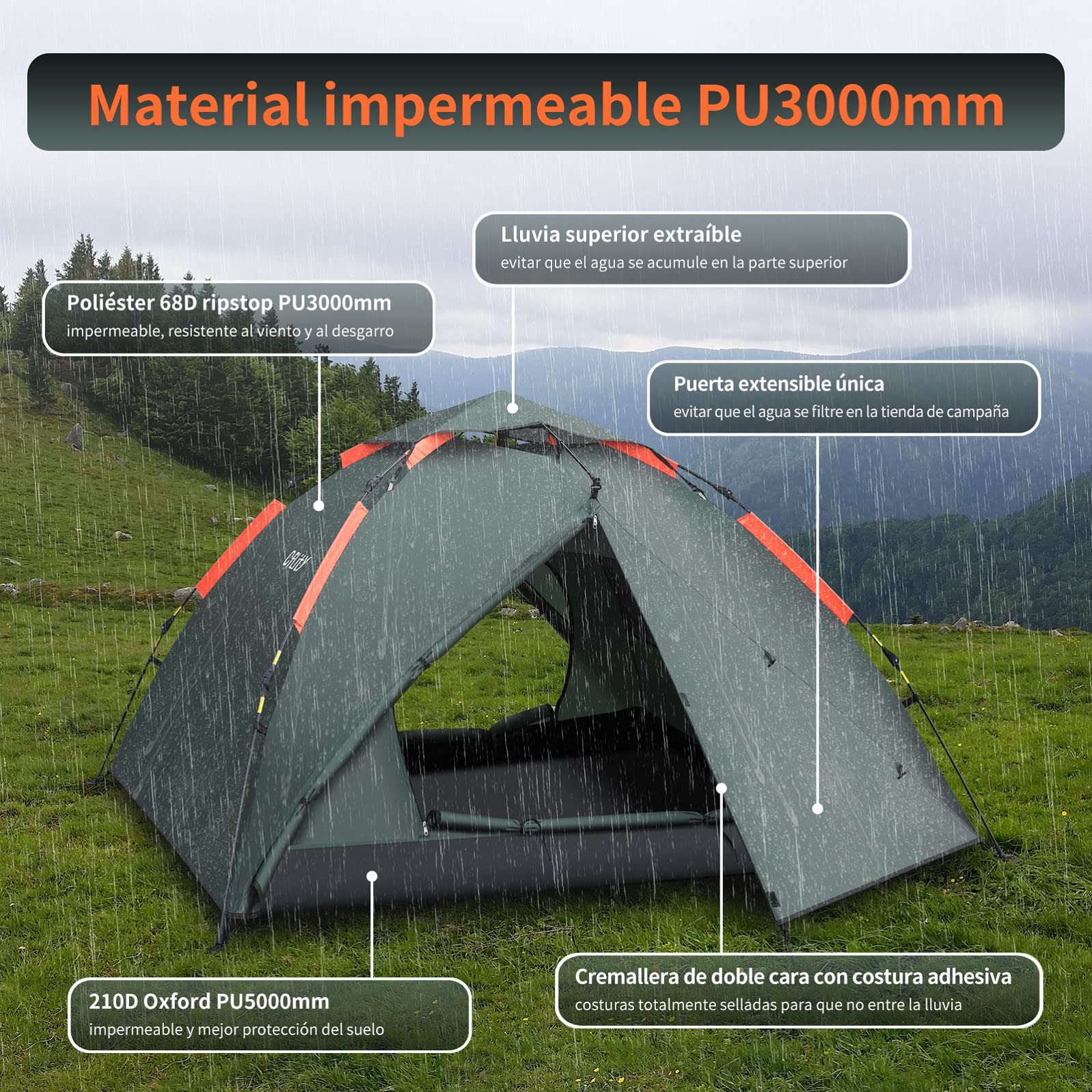 Cflity Tienda de Campaña, 3 Personas Tienda Instantánea Automática, Tienda Impermeable de Tres Capa, Carpa Grande y Ligera para 4 Estaciones, Carpa de Mochilero con 2 Porches Extensibles para Camping