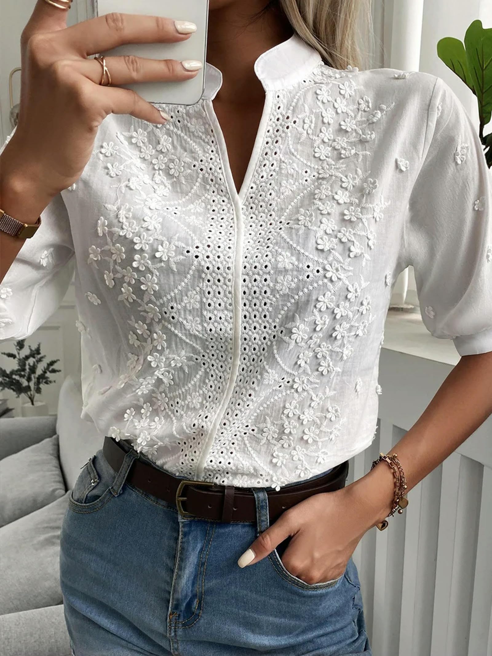 Blusa de Encaje con Bordado Floral de Verano para Mujer, Camisa Informal con Cuello de Pico, Pantalones Cortos Elegantes, Tops calados de Manga Elegante