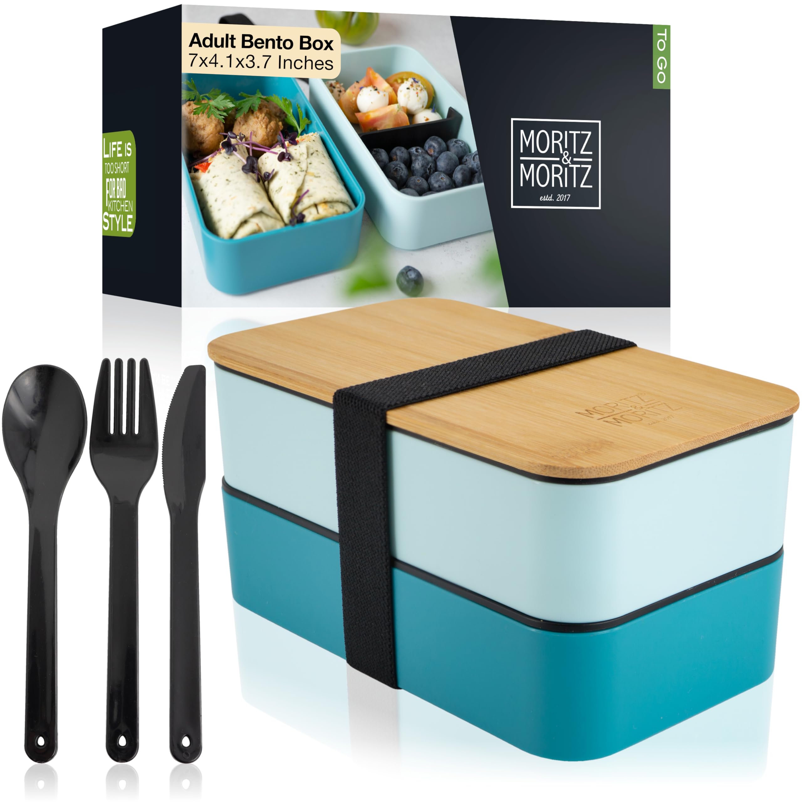 Moritz & Moritz Bento Box Adult Lunch Box with Compartments – Stackable, Leakproof, BPA-Free, Includes Cutlery & Bamboo Lid – Microwave & Dishwasher Safe – Blue – German Designed
