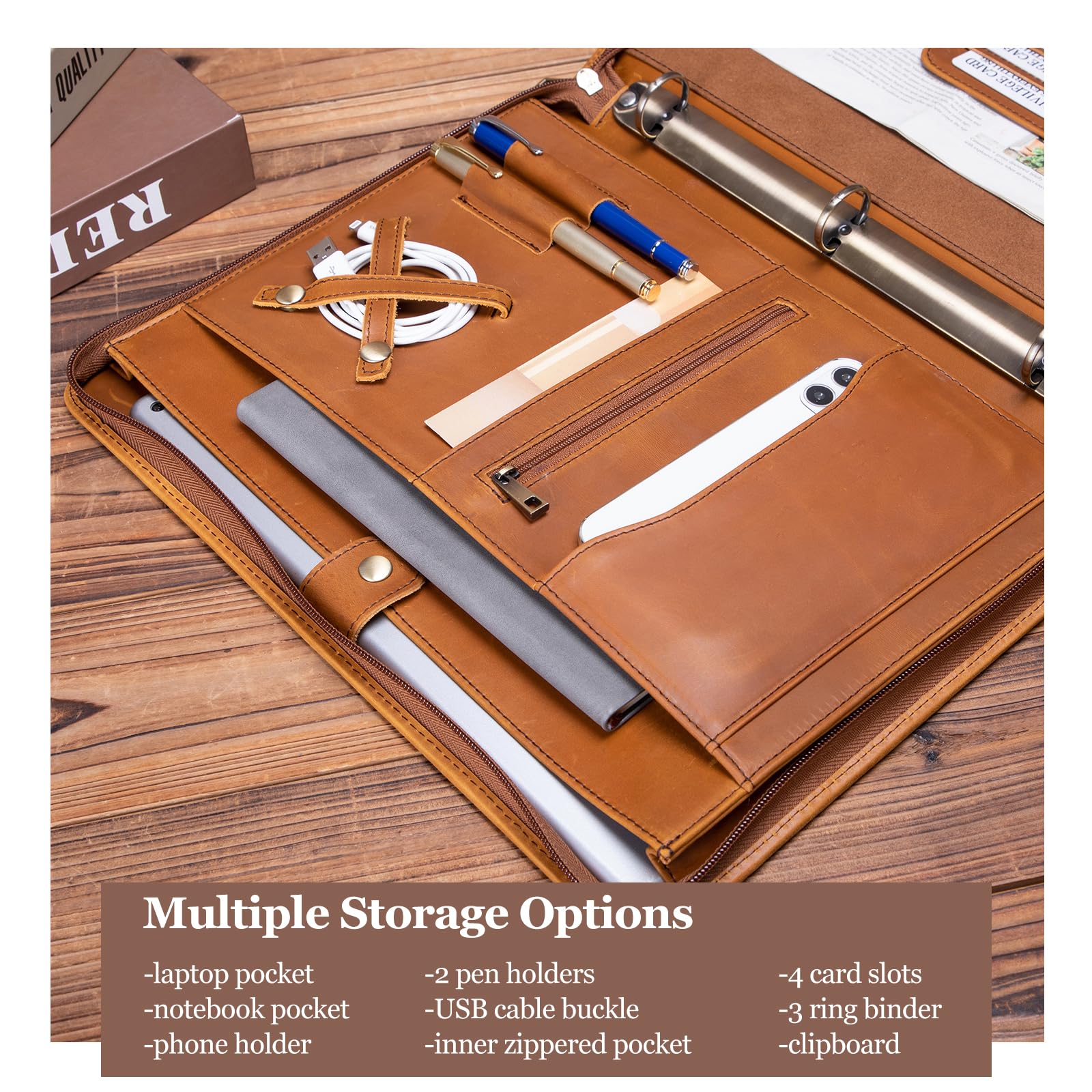 Porte-documents en cuir véritable à 3 anneaux avec porte-bloc, poignée dissimulée, fermeture éclair de 21,6 x 27,9 cm, organiseur professionnel pour homme et femme, marron