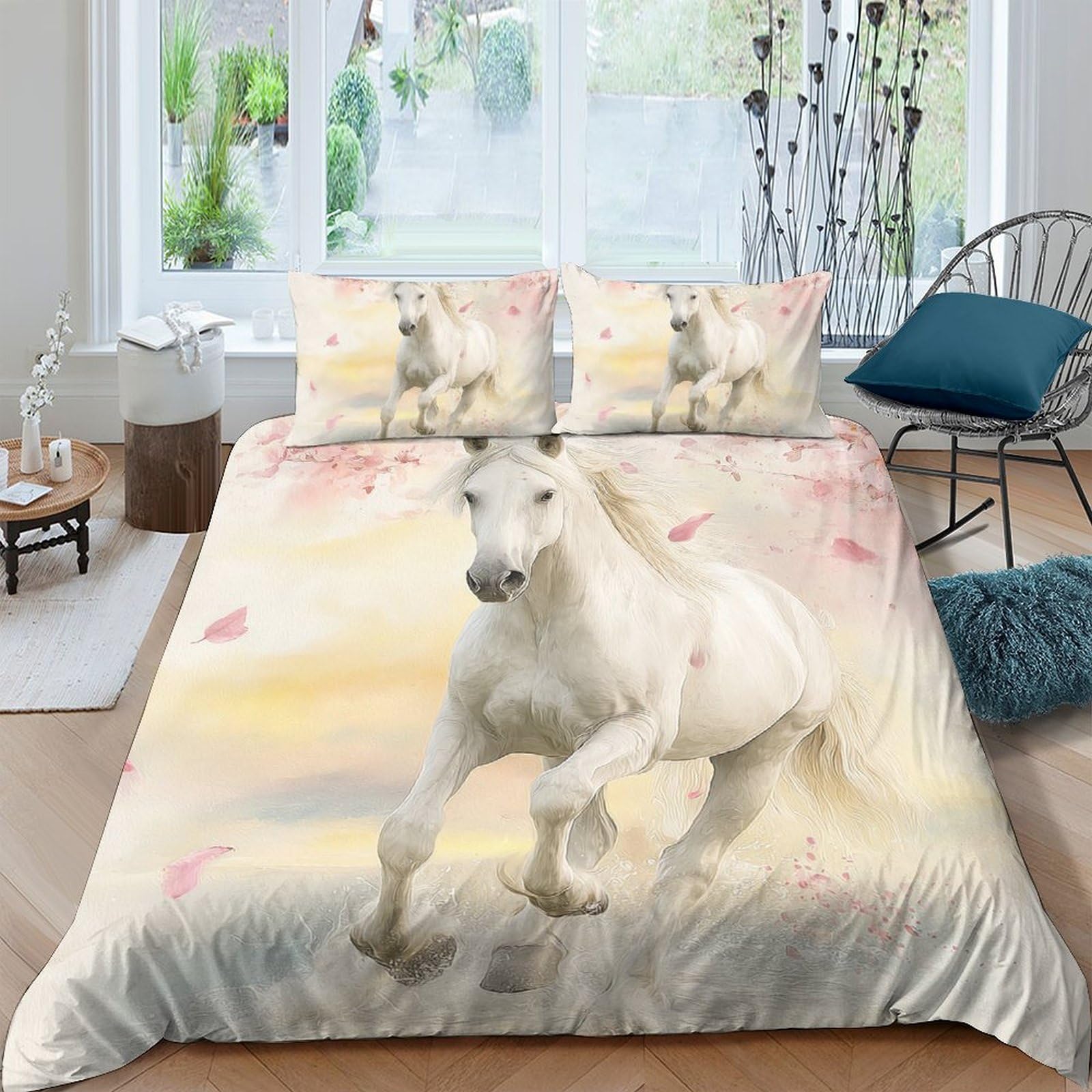 Ctjqhvkz Style-10 3D Printed White Horse Fitted Sheet Microfiber Soft Breathable Sunset Forest Bed Cover For Bedroom Guest Room Decor Single（135X200cm）