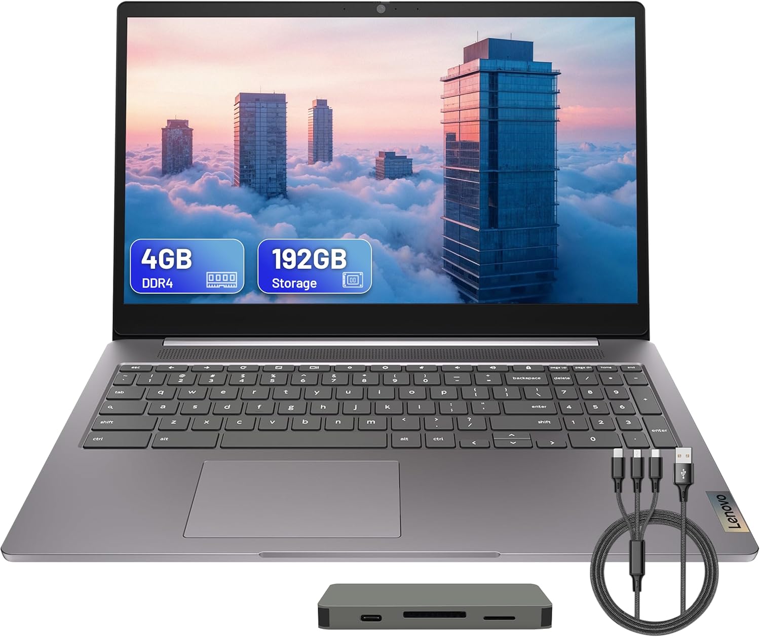 Lenovo Ideapad 3i 15.6" FHD Chromebook | Intel Celeron N4500, UHD Graphics | 4GB LPDDR4X RAM, 192GB Storage (64GB eMMC+128GB Docking Station Set) | Full Size Keyboard, Wi-Fi 6, Chrome OS | Gray