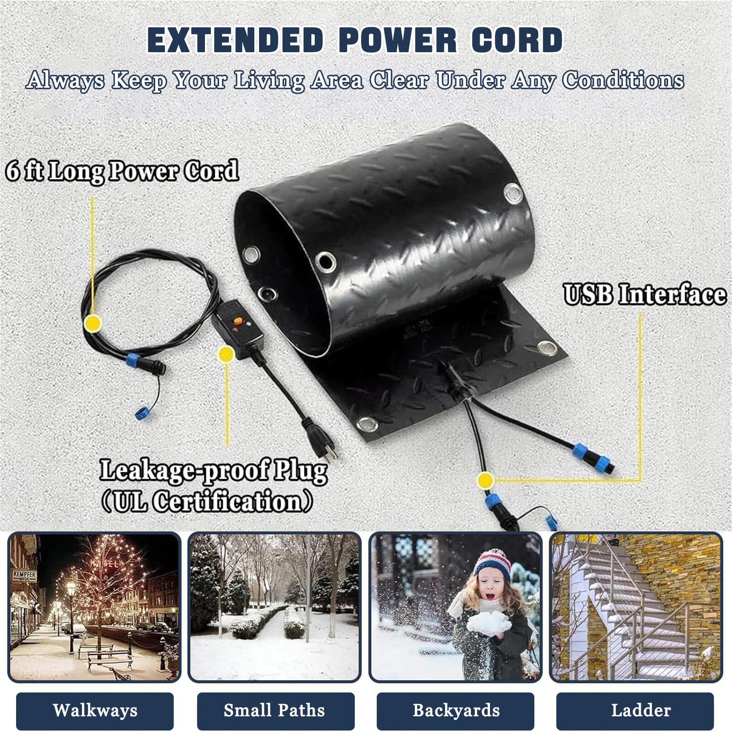 Tappetini Riscaldanti per Neve e Ghiaccio, Tappeto Riscaldante per Viali d'Accesso & Tappeto Sciogli-Neve, velocità 2 Pollici/h, Cavo da 6 Piedi 10x30in(25.4x76.2cm)-4pcs