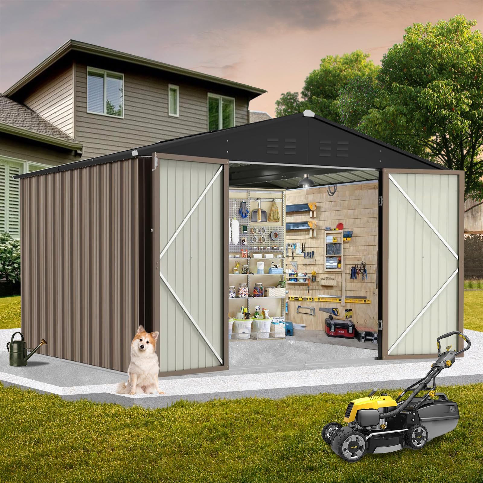 Outdoor Large Metal Shed, 8x8 FT Galvanized Steel Utility Storage Shed with Lockable Door & Vents, Waterproof All-Weather for Lawn Mower, Bike