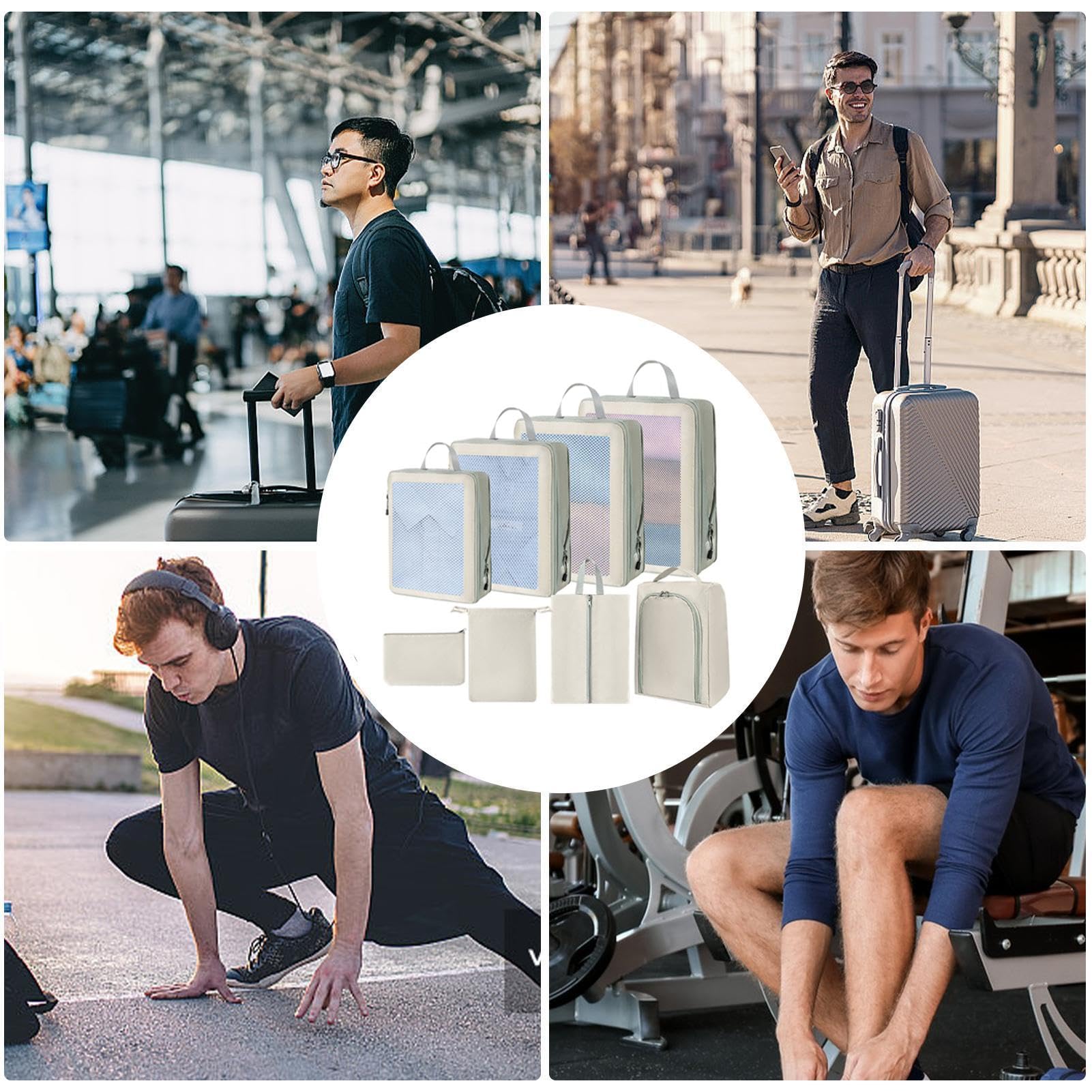 Borse per valigia, borsa a compressione manuale, set con 8 tasche | impermeabili a compressione per valigia, contenitore per abiti con chiusura lampo e manico per dormitori, soffitta