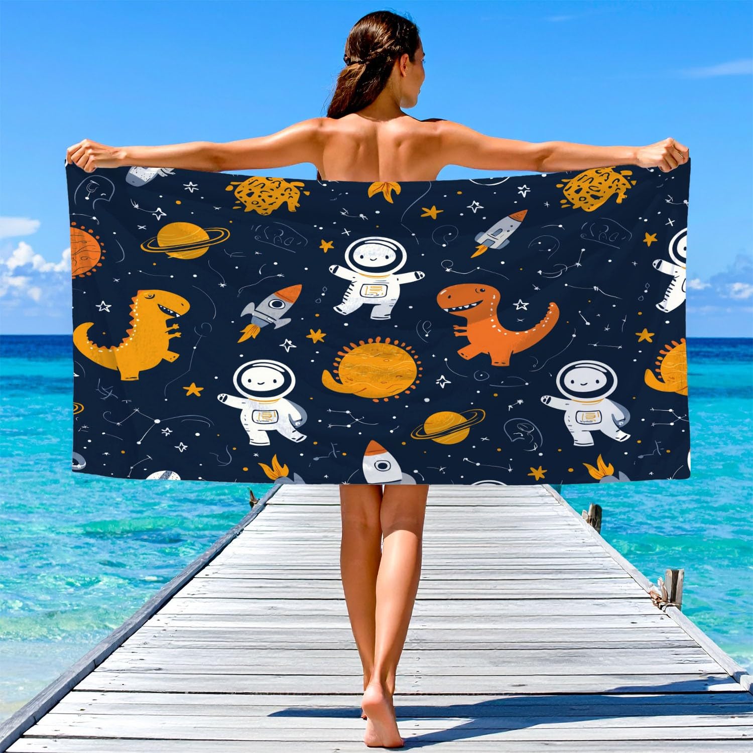 Lustig, Cartoon Strandtuch 200 x 145 cm – Saugfähiges Schnell trocknendes Strandtuch Raumanzüge, Dinosaurier, Raketen, Weltraum für Campen, Picknick, Ausflüge