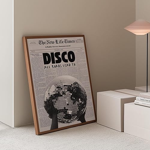 Miniatura 5 de Disco Ball Newspaper Print Retro 70s Wall Art framed poster featuring a mirrored disco ball over a vintage newspaper design for living room bedroom