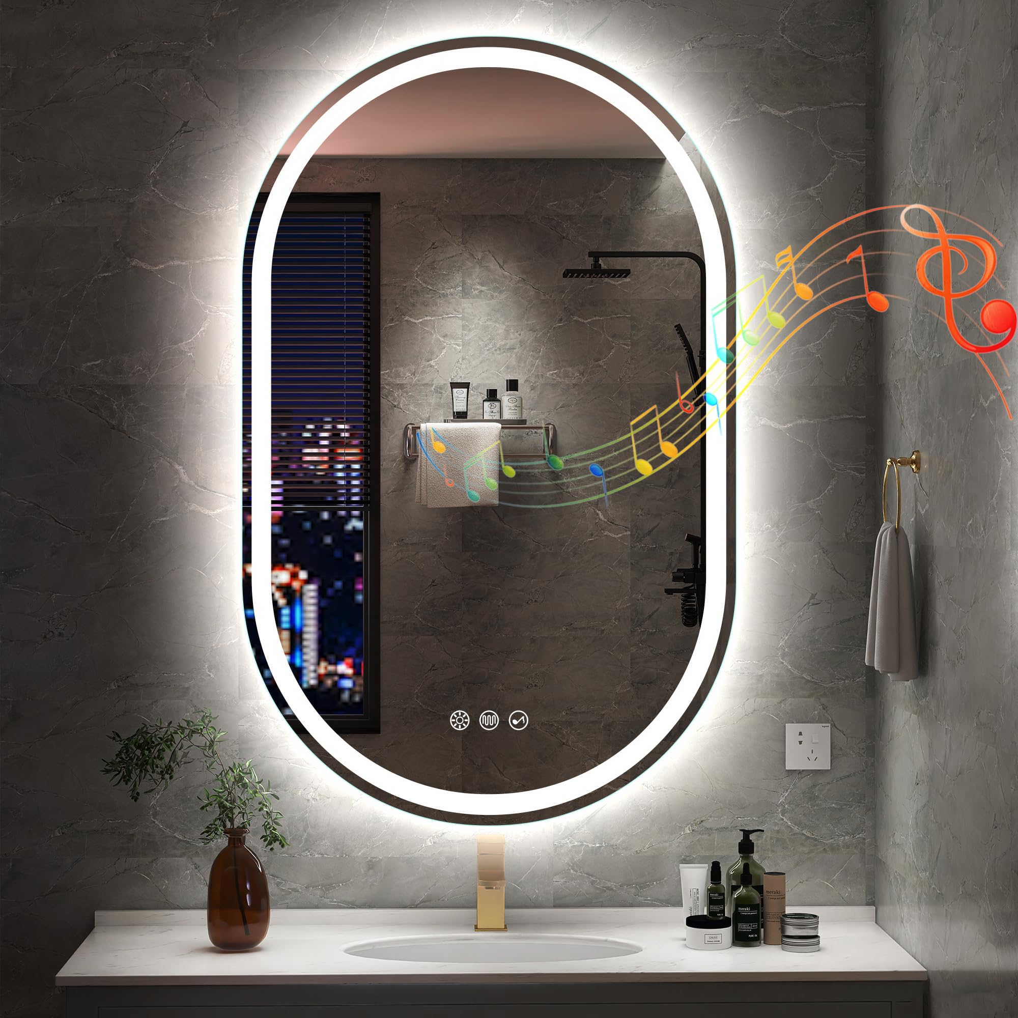 S'bagno Oval Espejo Baño con Luz 50x80cm, Espejo Baño Led Bluetooth con Antivaho, 3000K/4000K/6500K, Regulable, Memoria, Cristal Templado HD, IP44 Espejo de Baño con Luz Led, Horizontal/Vertical