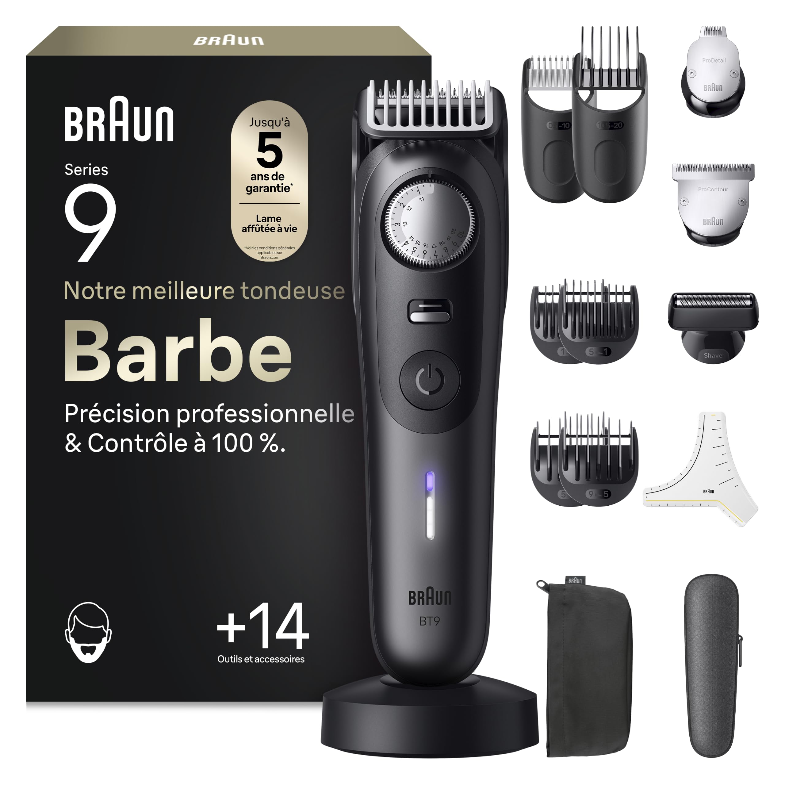 Braun Tondeuse A Barbe Electrique Pour Hommes Series 9 BT9565, Titane, Etanche, Coffret De Rasage Avec +14 Outils De Barbier, Lame Pro Blade, 52 Longueurs Pour Raser Le Visage, Kit Avec Accessoires