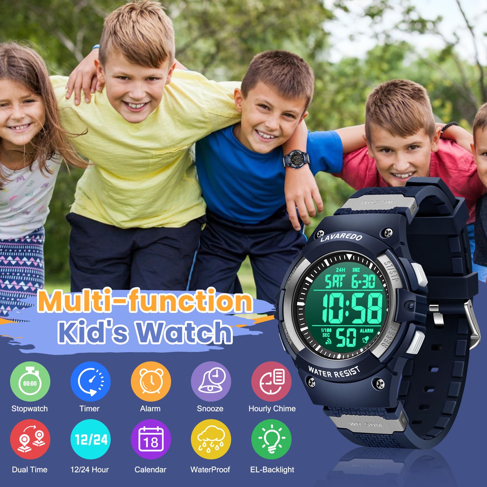 Timever Reloj Digital niños con Correa de Silicona, Resistente al Agua a 5 ATM, Reloj Deportivo con Alarma, cronómetro, Fecha, luz, Hora Dual, Cuenta Regresiva