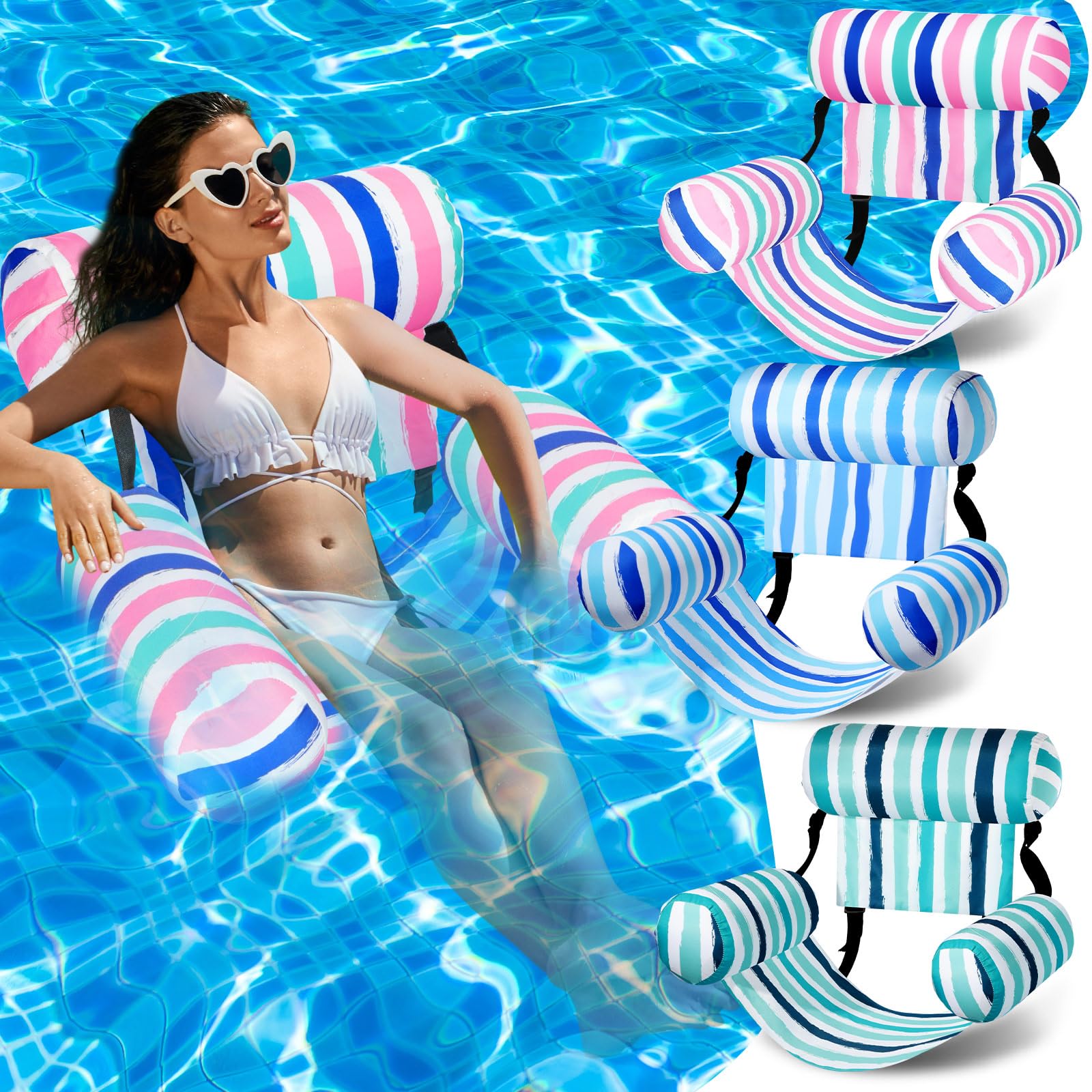 Blueweenly 3 Pack Pool Chair Float Adult, Adjustable Heavy Duty Floating Lounge Chairs, Fabric Floating Hammock, Inflatable Pool Floats for Party Summer Water Beach Lake Fun(Blue-Pink Series)