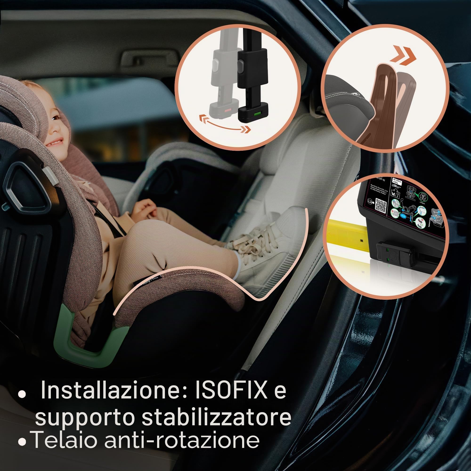 Lionelo Harmony i-Size Seggiolino Auto Girevole 360° per Bambini 0-12 Anni (40-150 cm) con ISOFIX e Gamba di Supporto Fronte e retro marcia, 5-liveli Reclinabile Protezione Laterale