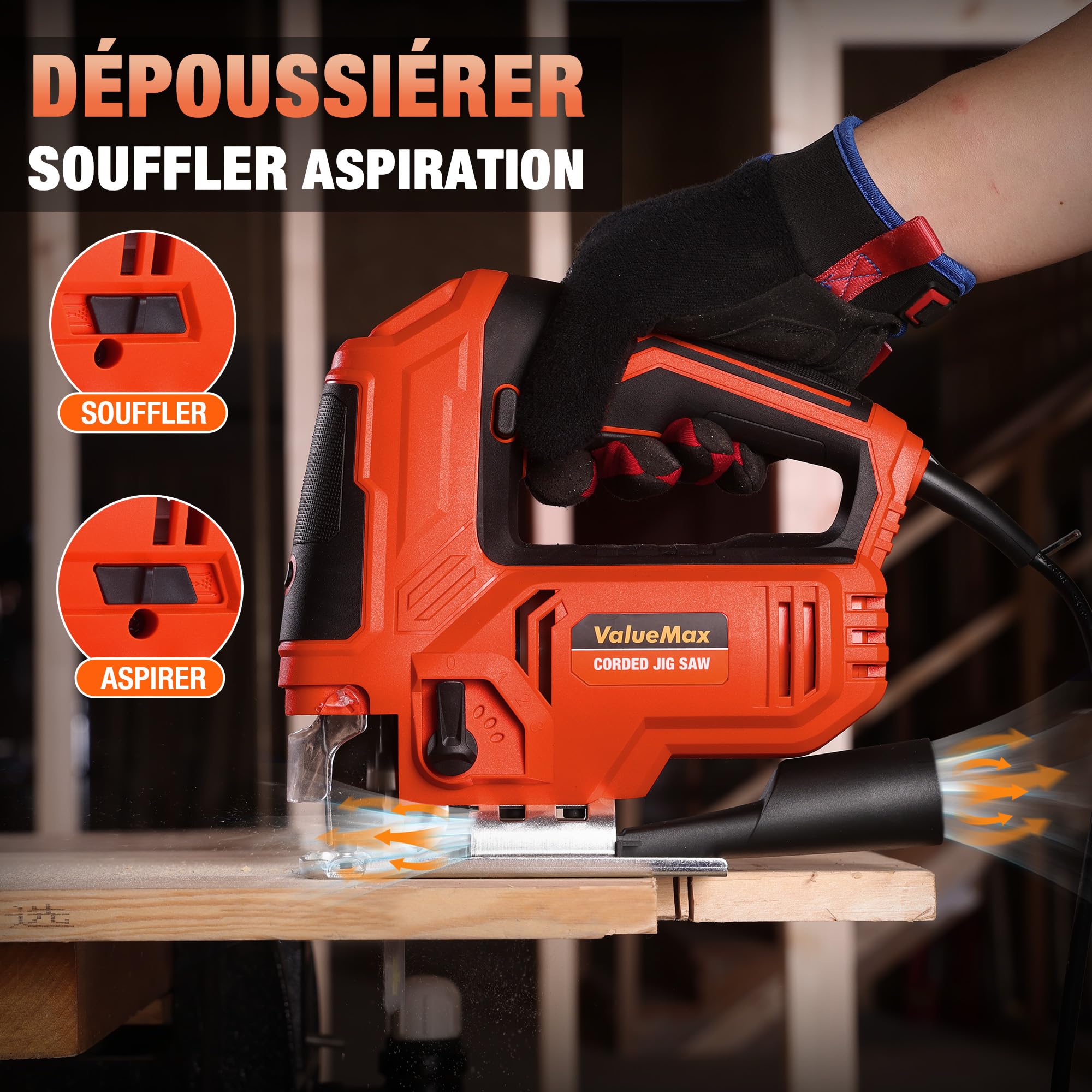ValueMax 850W Scie Sauteuse, Vitesse réglable de 800 à 3000 SPM, 6 Vitesses, 4 Modes de Coupe, Coupe en Biseau à±45°, Fonction soufflerie, 6 Lames, Lampe LED, Idéale pour Bois, Métal et Plastique