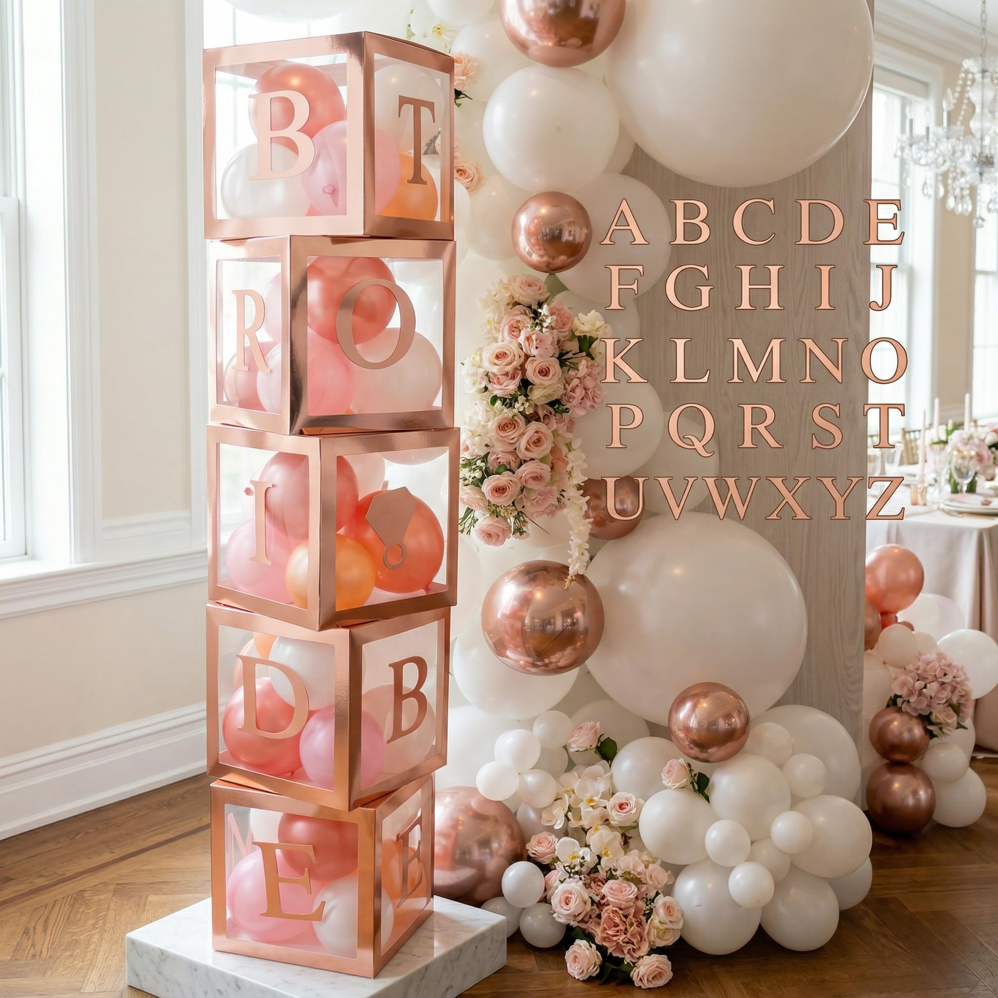 96 PC Bridal Shower Decorations Balloon Boxes Rose Gold - Transparent Block with BRIDE TO BE + GROOM + A - Z Letters and 40 Balloons- Engagement