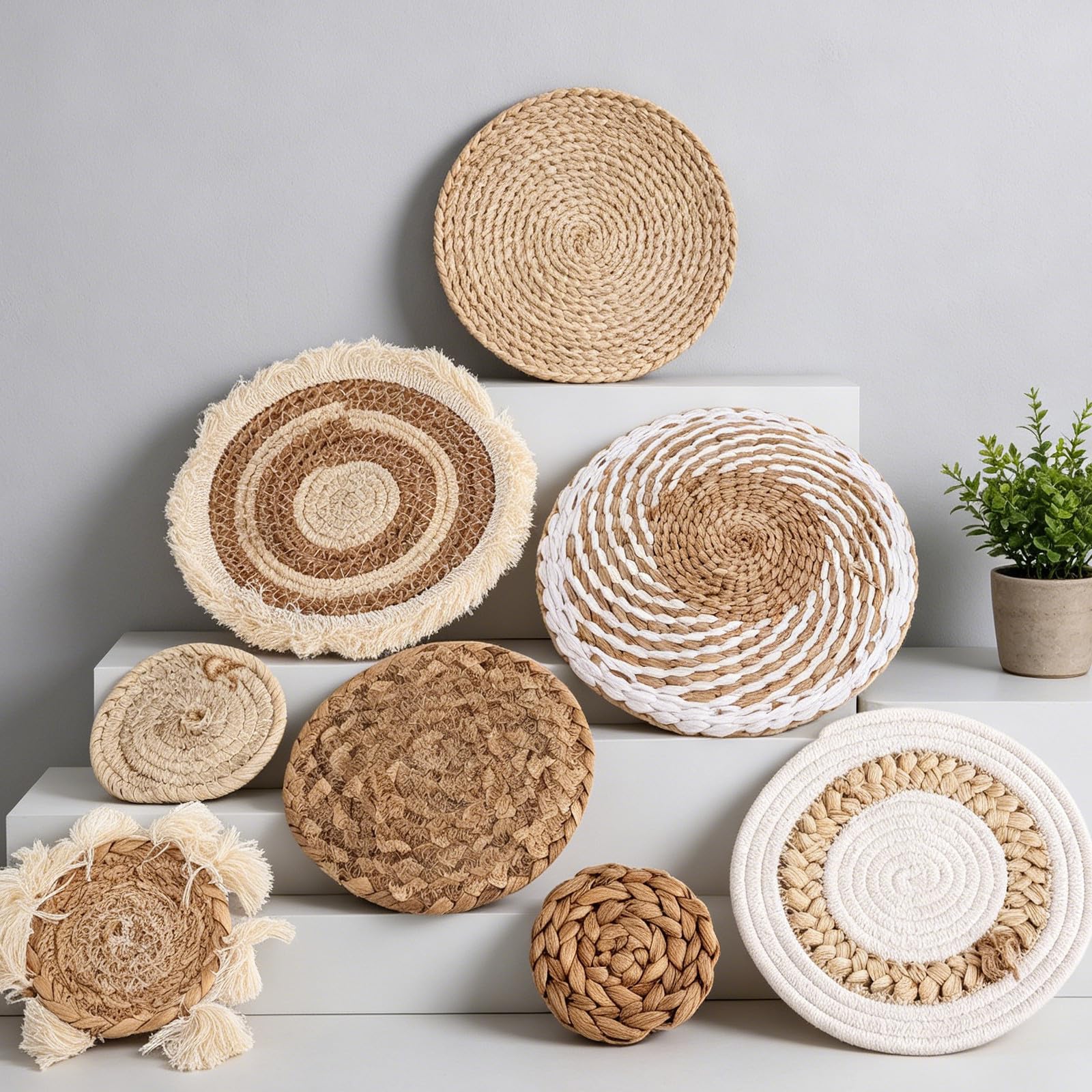 HYTROVE 7 Stück Handgewebtes Boho Wanddekor aus Rattan in Beige Runde Wandkörbe als Stimmungsverbesserer für Modernes Zuhause und Bauernhaus