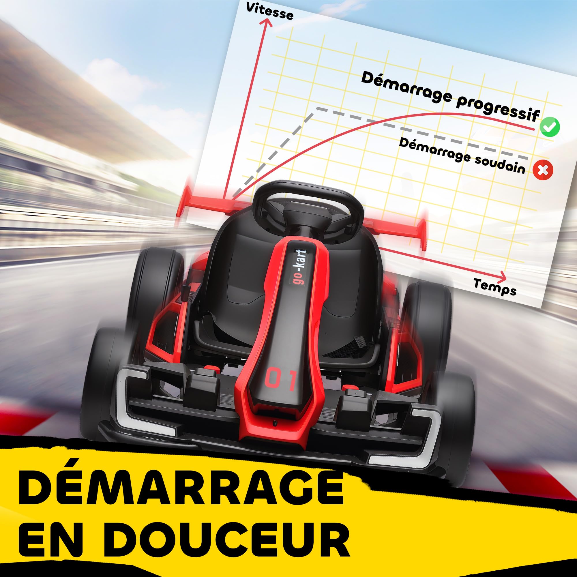 HOMCOM Kart électrique pour Enfants 24 V, 2 x 150 W, LED, Drift, Musique, 6-12 Ans, Rouge