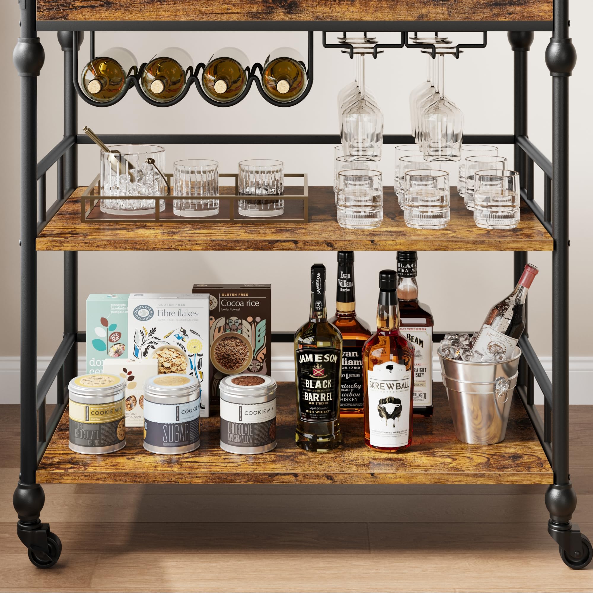Garvee Carrito de Bar rodante de 3 Niveles – Estante móvil de Madera y Metal para Cocina, Sala o Comedor – con portabotellas y portavasos – Diseño Elegante y Funcional – 90x40x87 cm