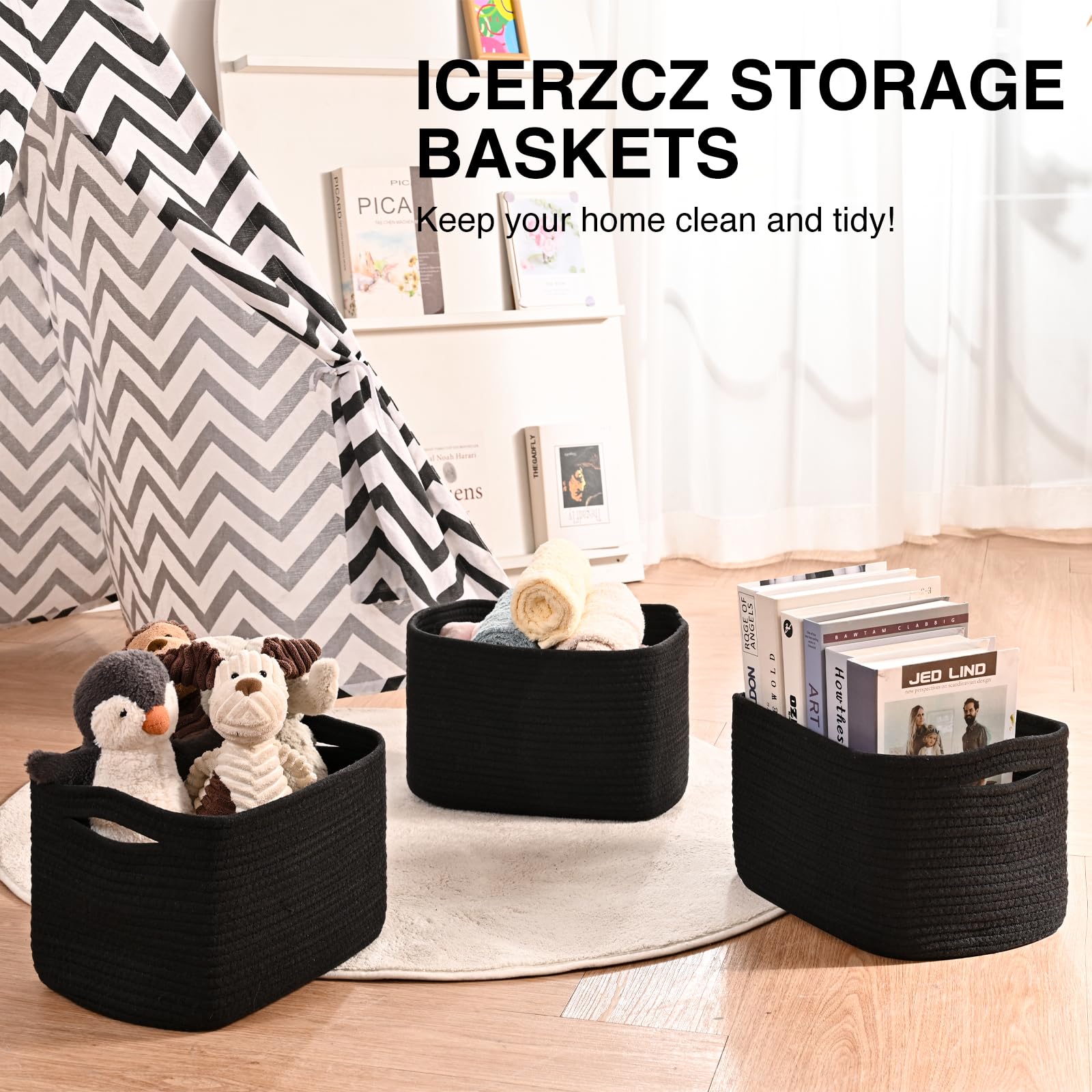 ICERZCZ Canastas de almacenamiento negras para estantes, cestas de almacenamiento pequeñas para organizar, cestas de cuerda de algodón tejida para almacenamiento, cesta de libros, cesta decorativa