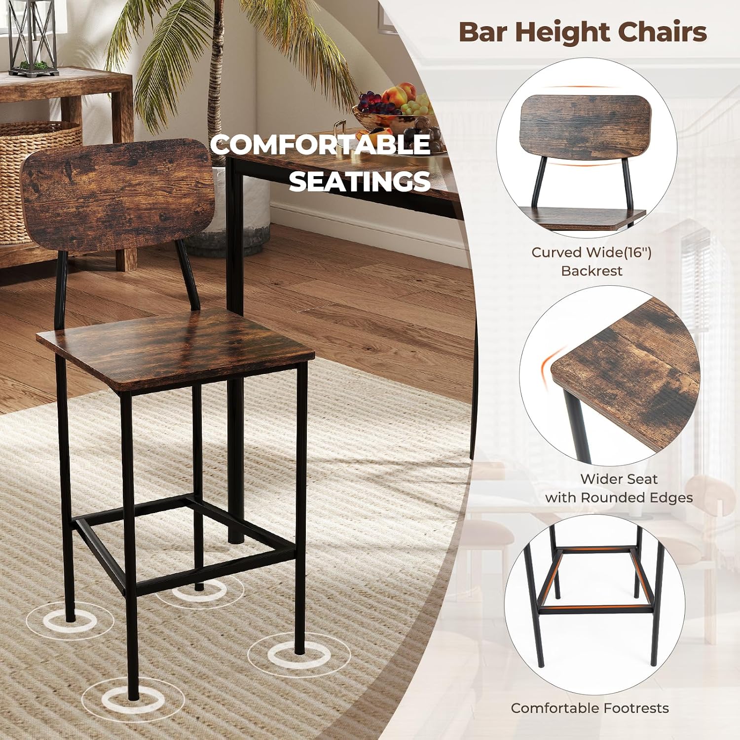 NAFORT Dining Table Set with Counter Height Table & 4 Bar Stools, 5-Piece Bar Table and Chairs with Footrest & Back Support, Space-Saving Dinette Set for Pub, Kitchen &Dining Room, Restaurant
