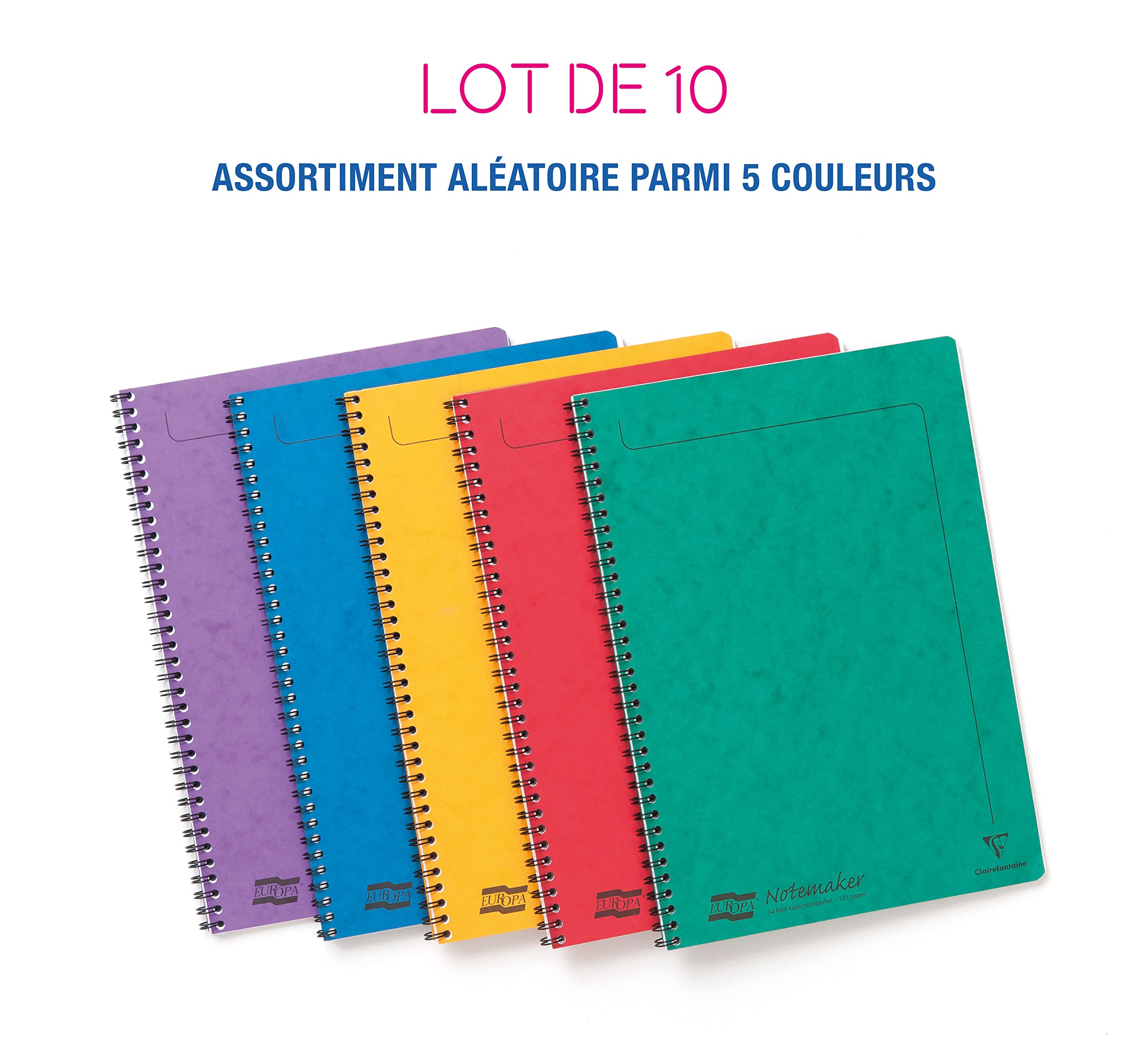 Clairefontaine 4859Zpack - Packung mit 10 Notizheften mit Spiralbindung Europa Notemaker, DIN A4 (21x29,7 cm), 60 Blatt kariert 90g, abtrennbar, farbig sortiert, 10 Stück
