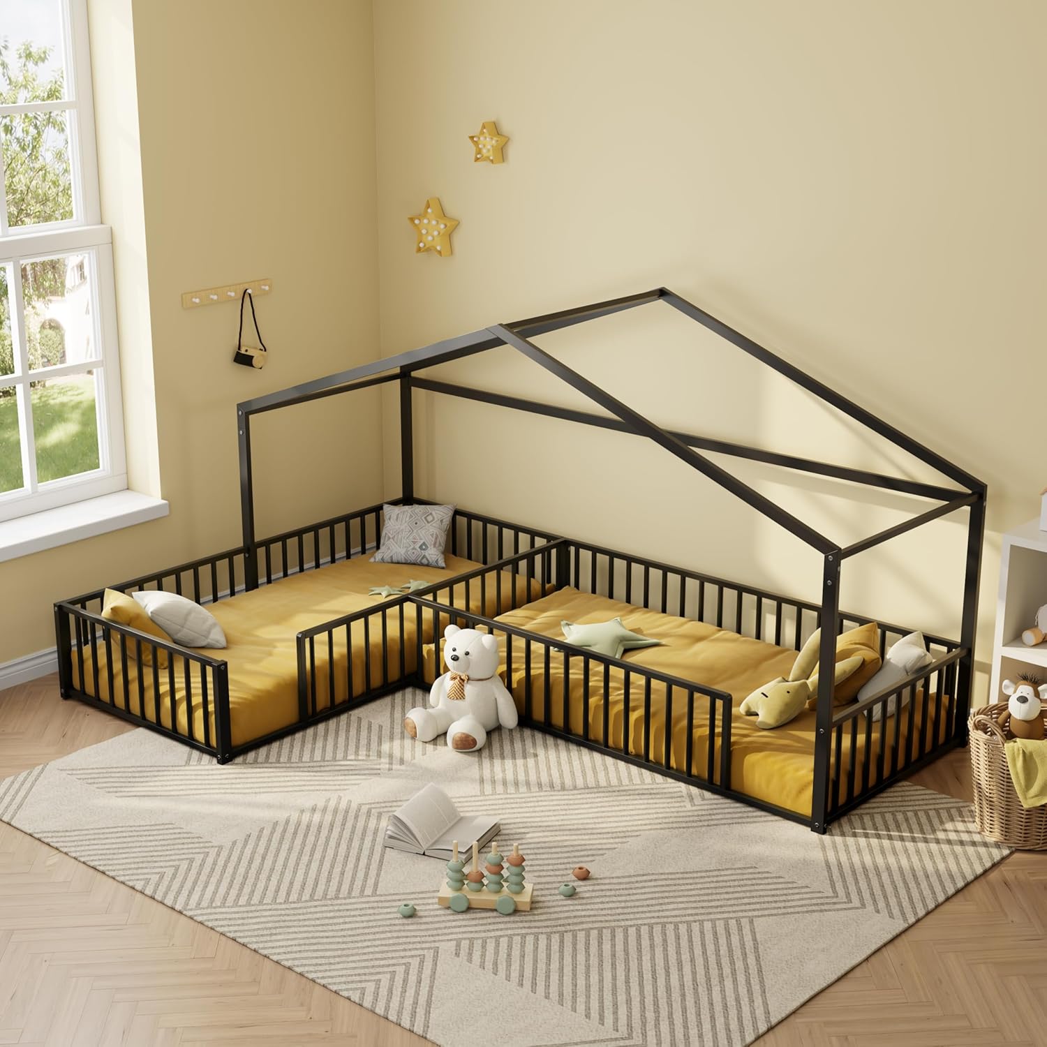 Double Twin Size L-Shaped Montessori Bed, Metal Corner House Bed Frame with Fence, House-Style Floor Bed for 2 Kids, Without Slats, Black