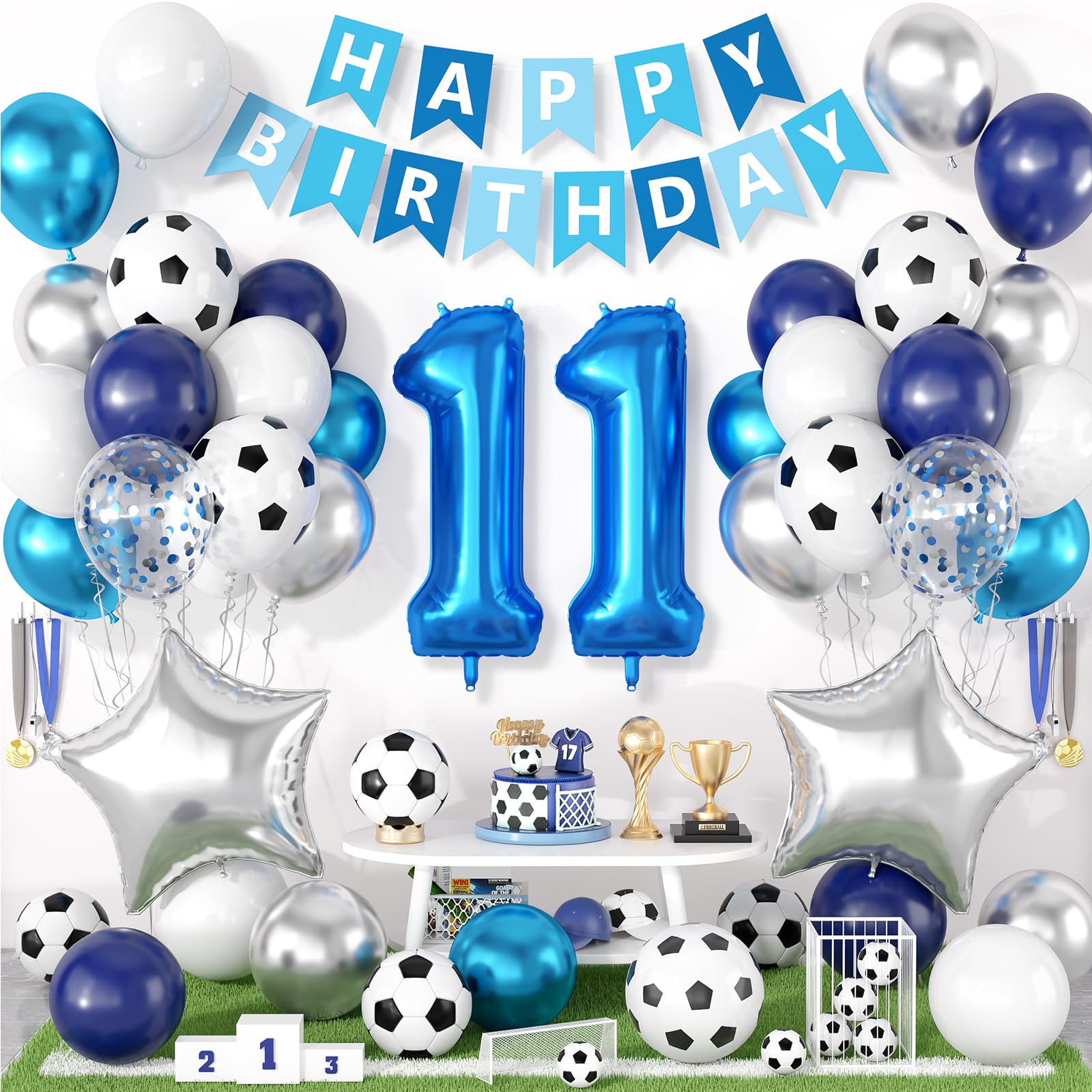 11th Football Birthday Party Decoration for Boys, Football Party Decorations with Navy Blue White Silver Balloons Happy Birthday Banner 32in Foil 11 Balloon for Boy Kids Birthday Decor