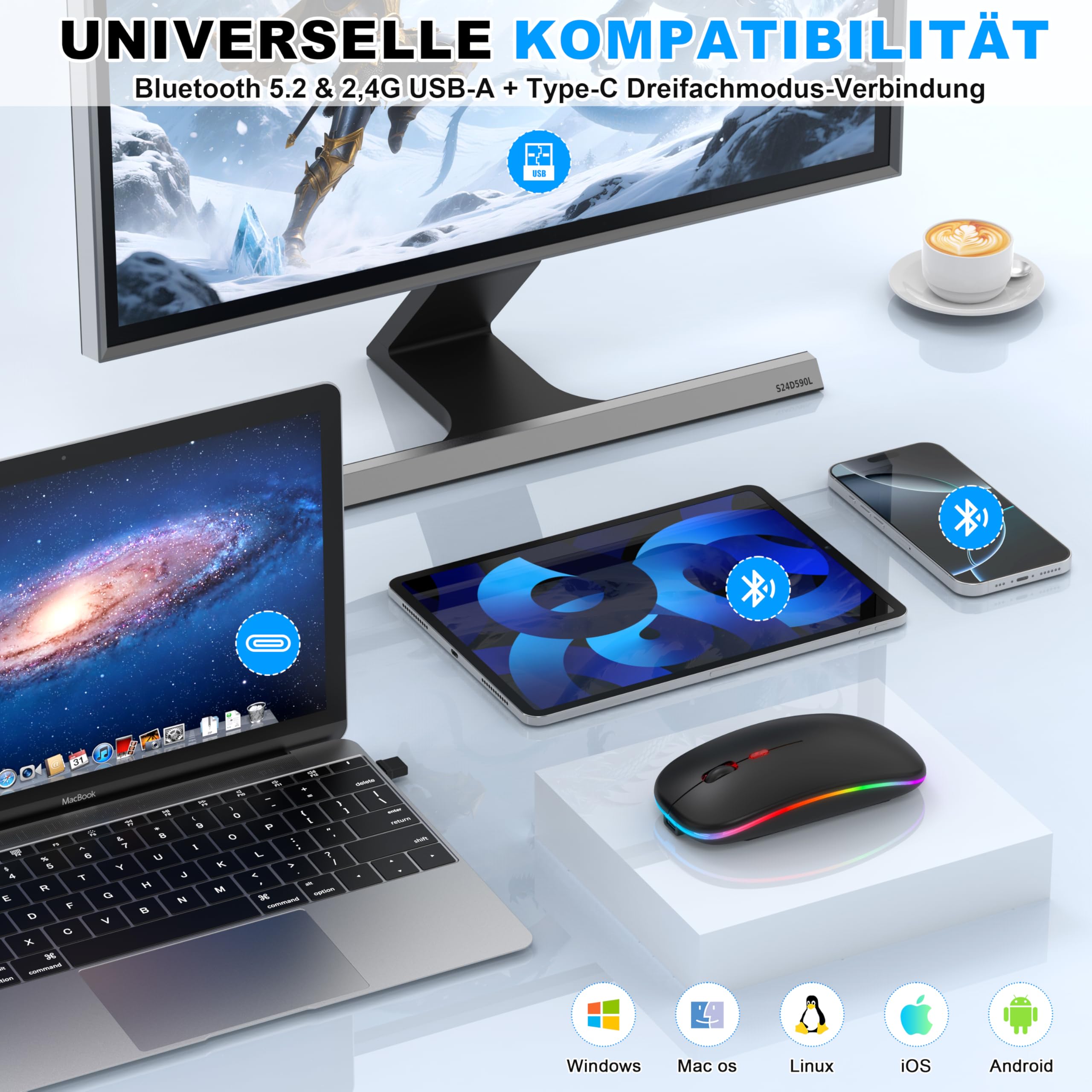 Mouse wireless con modalità jiggler – Bluetooth 5.2 & 2.4G radio per computer portatile, PC, iOS, Android, iPad e Windows, LED a 7 colori e 1600 DPI ottico (Modalità Jiggler, Nero)