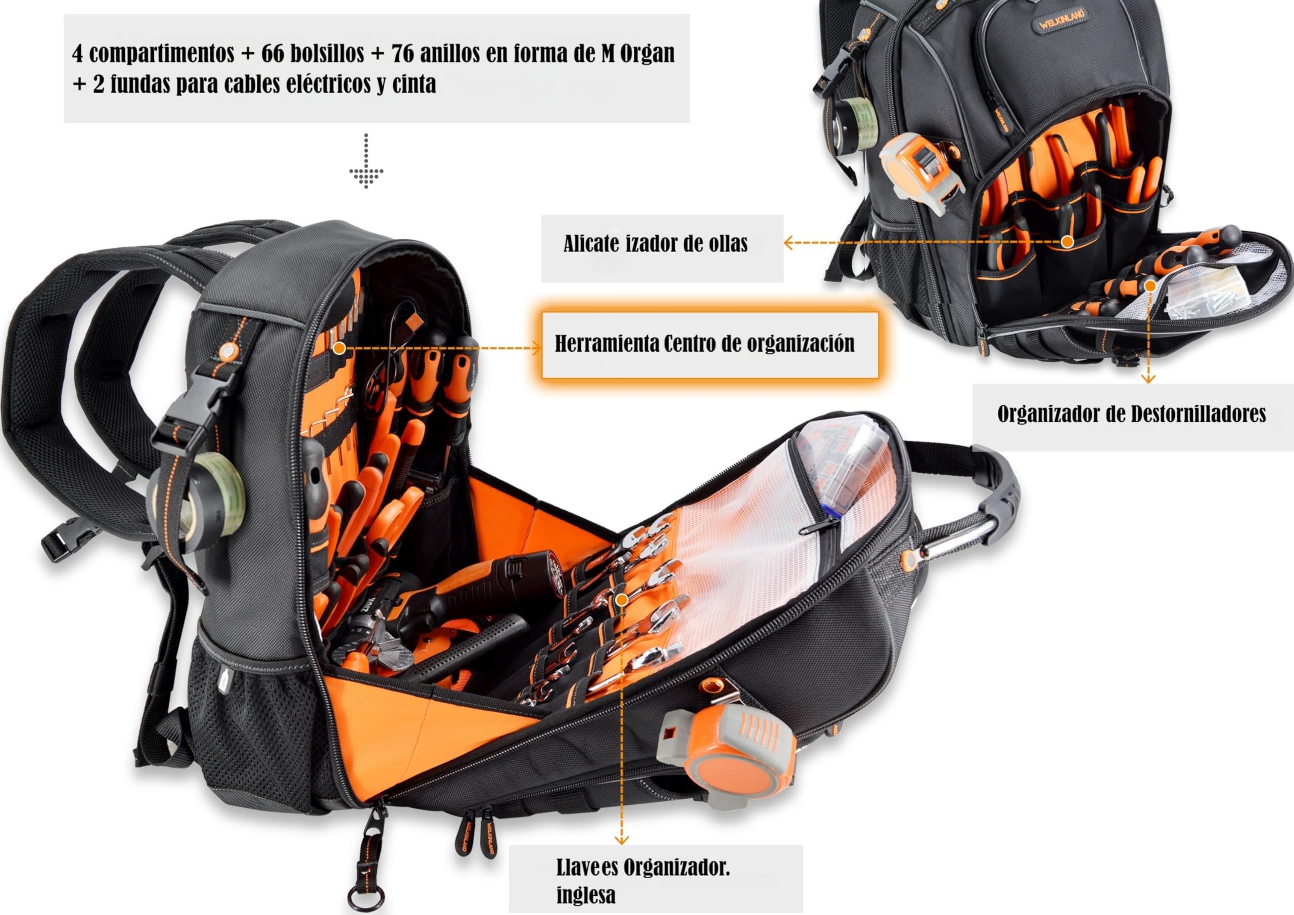 Bolsa de herramientas de 66 bolsillos, mochila resistente para electricistas, construcción, hombres