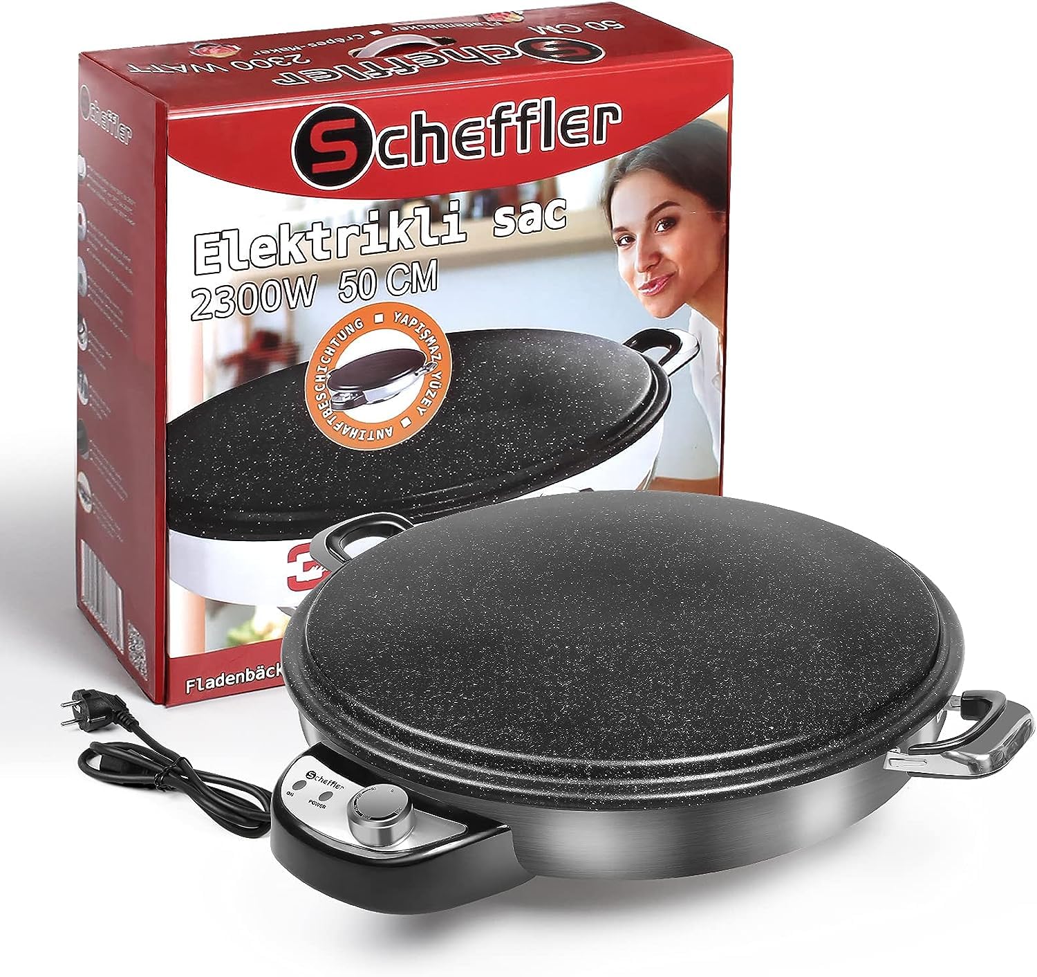 Fladenbrot Bäcker Scheffler 50 cm Fladenbrot Bäcker Machine, 2300W 230V Pancake Fladenbäcker Yufka Katmer Sac Antihaftbeschichtung, Edelstahl Griffe & Sockel(HR-002)