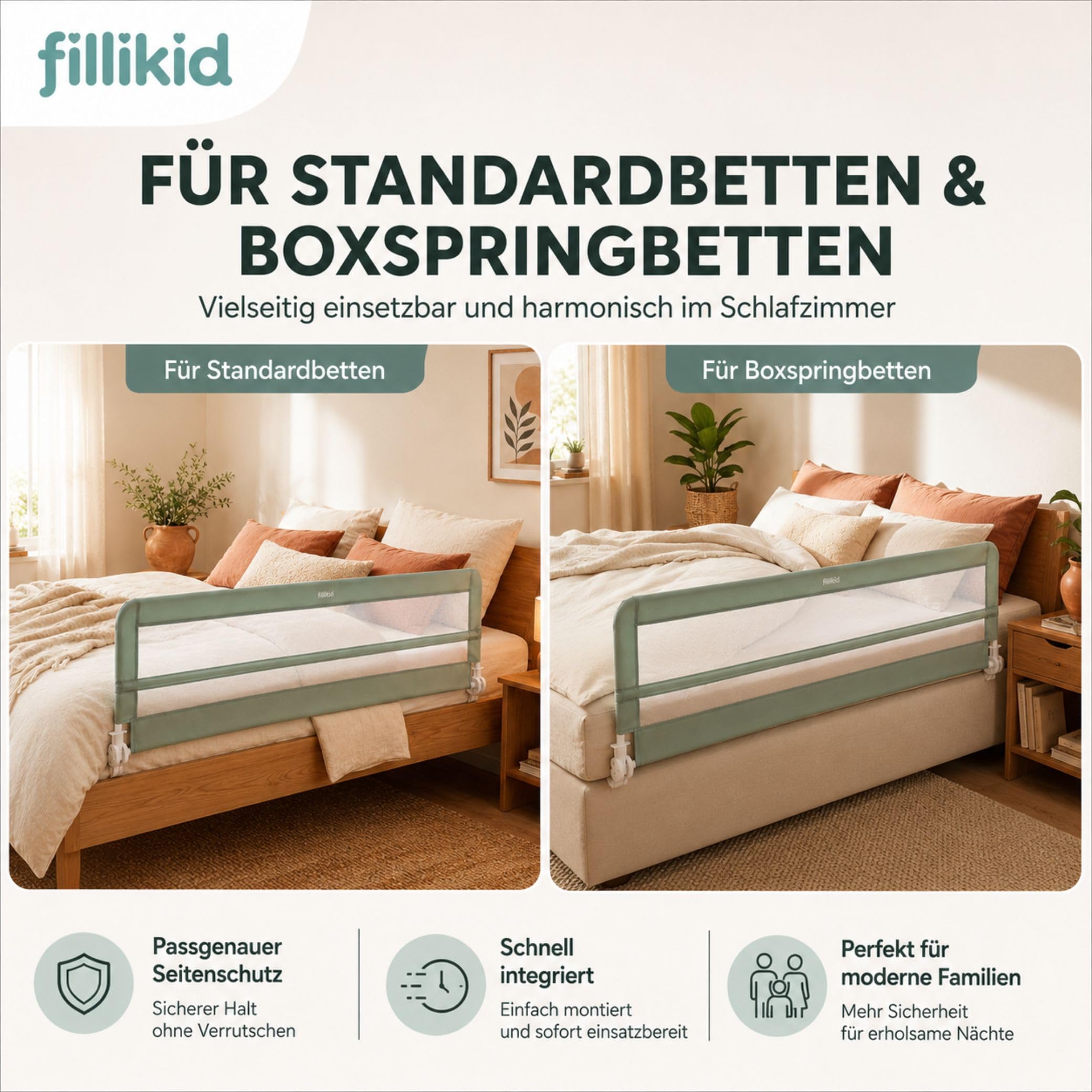 Fillikid Bettgitter Lina XL 180 x 50 cm Exklusiv | Rausfallschutz Bettschutzgitter für Kinderbett & Boxspringbett | Kinder Schutzgitter klappbar | Extra lang | Seitenschutz fürs Bett
