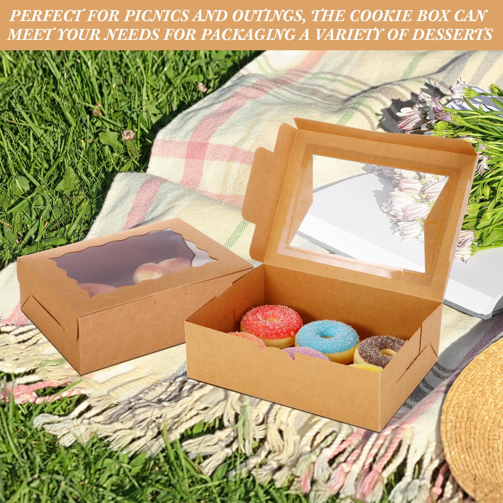 TaoBary 100 cajas de galletas de 8 pulgadas, cajas de panadería de 8 x 6 x 2.5 pulgadas, caja de papel desplegable automática con 2 ventanas de estilo para galletas, cajas de dulces para chocolate,