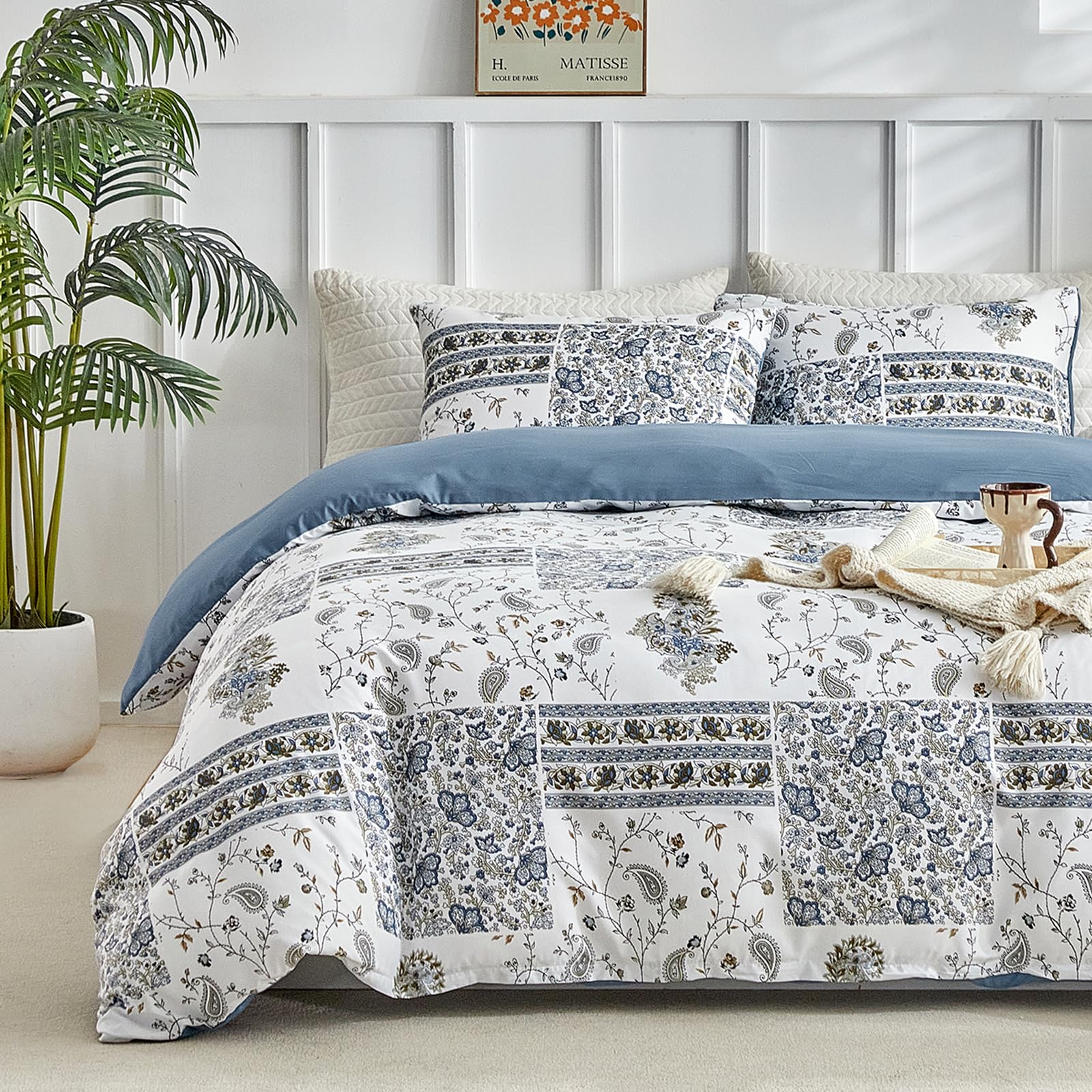 Lekesky Reversible Duvet Cover Queen Size, Blue Floral Patchwork